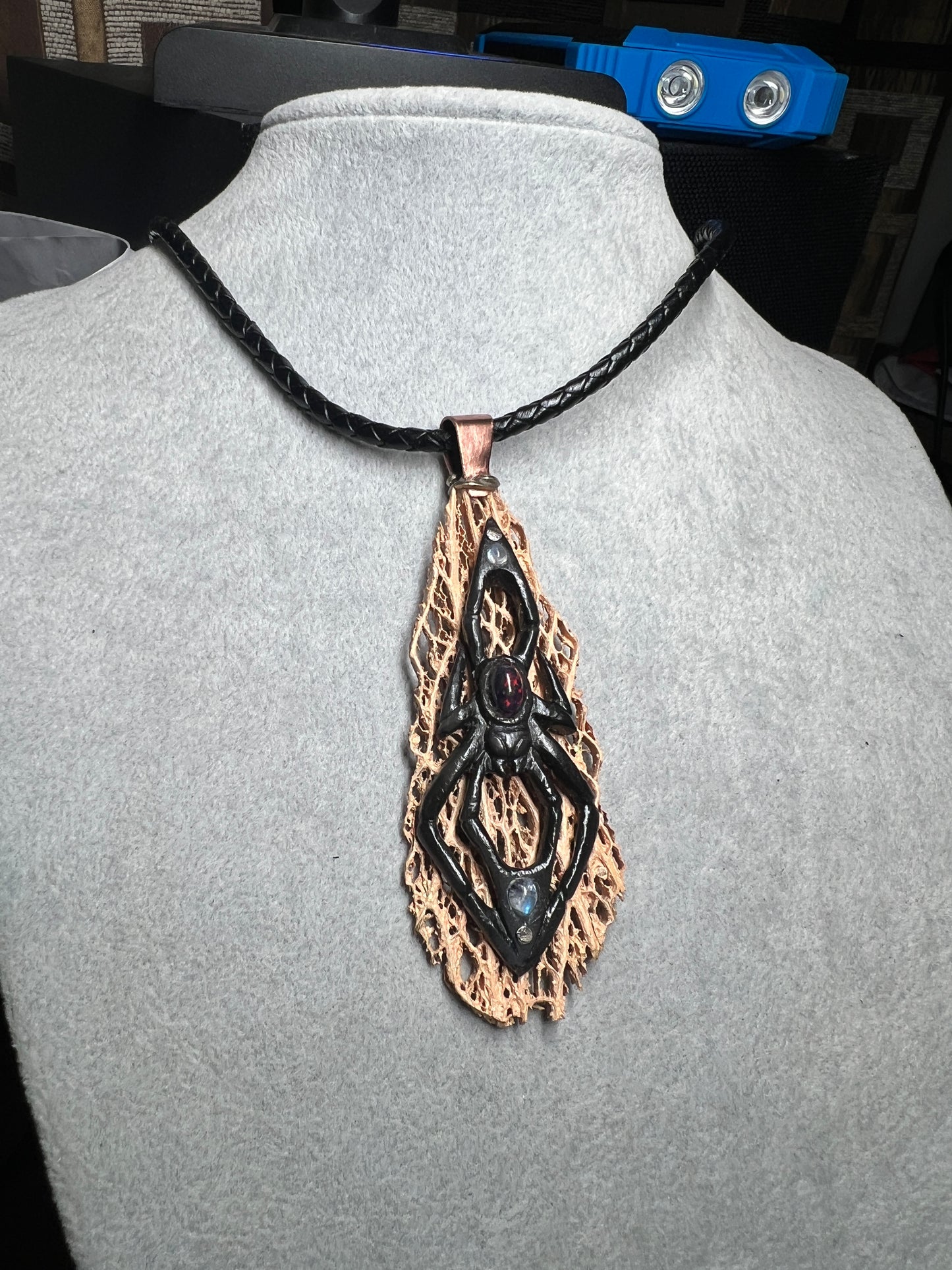 Black Widow Spider Pendant, Bull Horn, Cactus Skeleton, Black Opal, Handmade Mexico