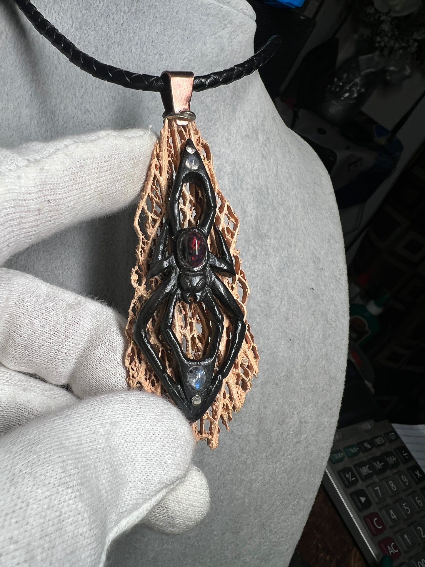 Black Widow Spider Pendant, Bull Horn, Cactus Skeleton, Black Opal, Handmade Mexico