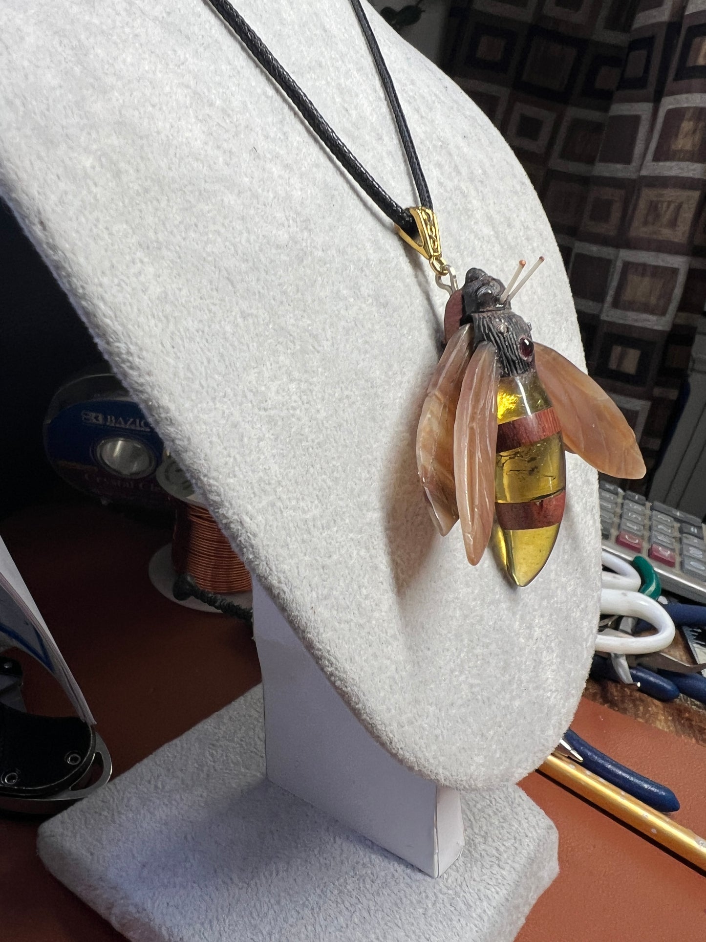 Bee Pendant, Bull Horn, Amber, Ebony, Carved in ironwood, horn amber, Mexico
