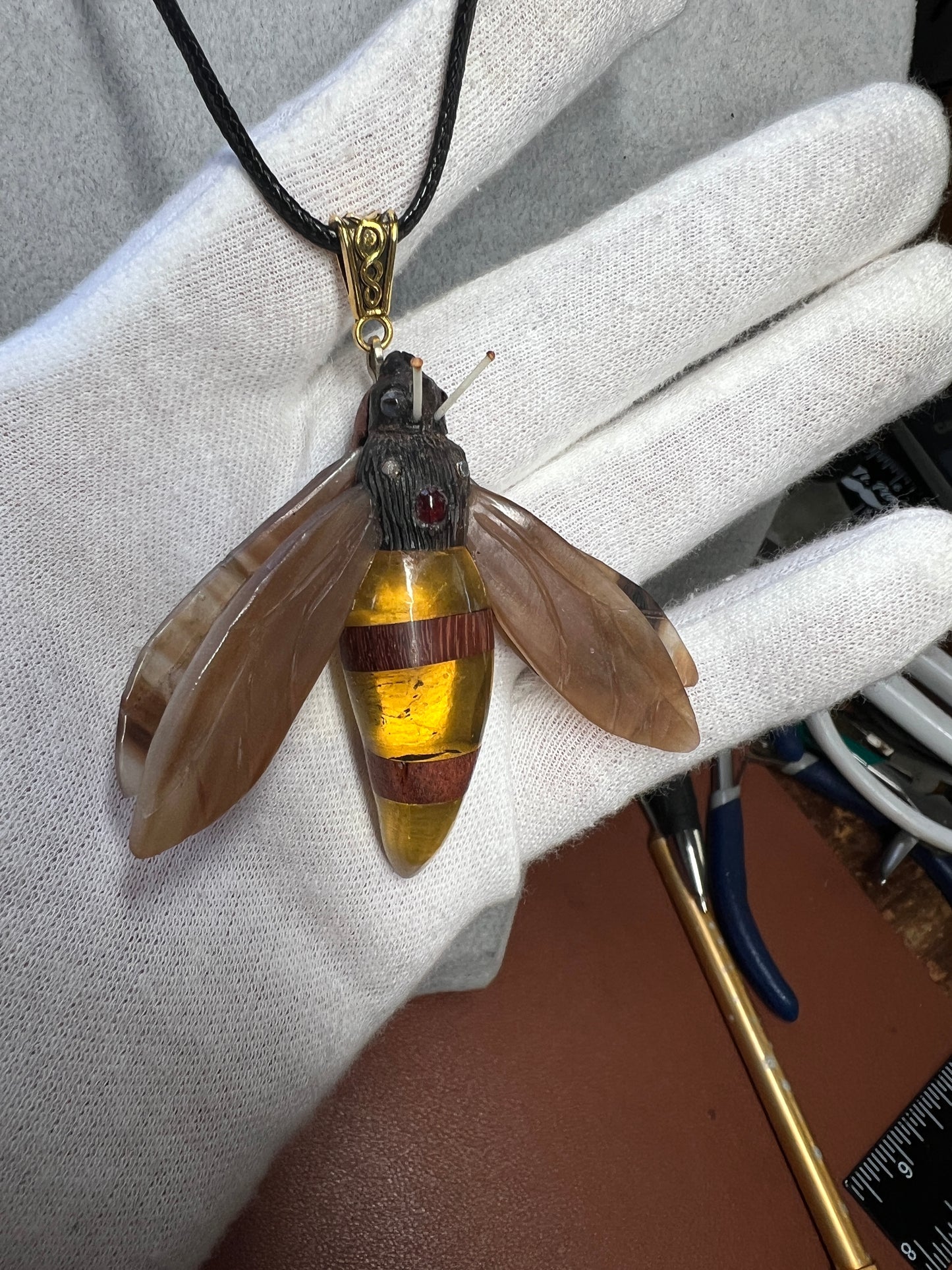 Bee Pendant, Bull Horn, Amber, Ebony, Carved in ironwood, horn amber, Mexico