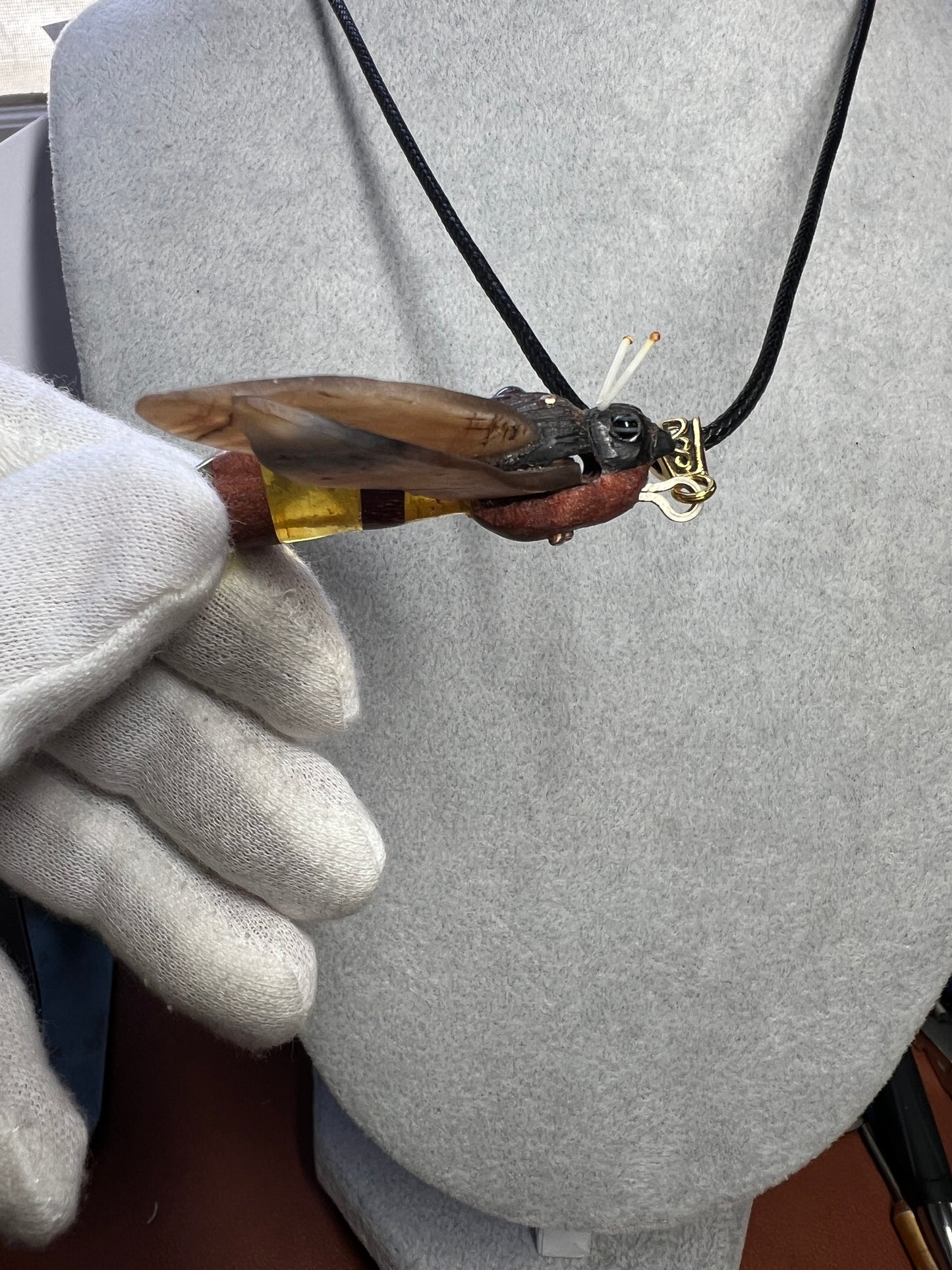 Bee Pendant, Bull Horn, Amber, Ebony, Carved in ironwood, horn amber, Mexico