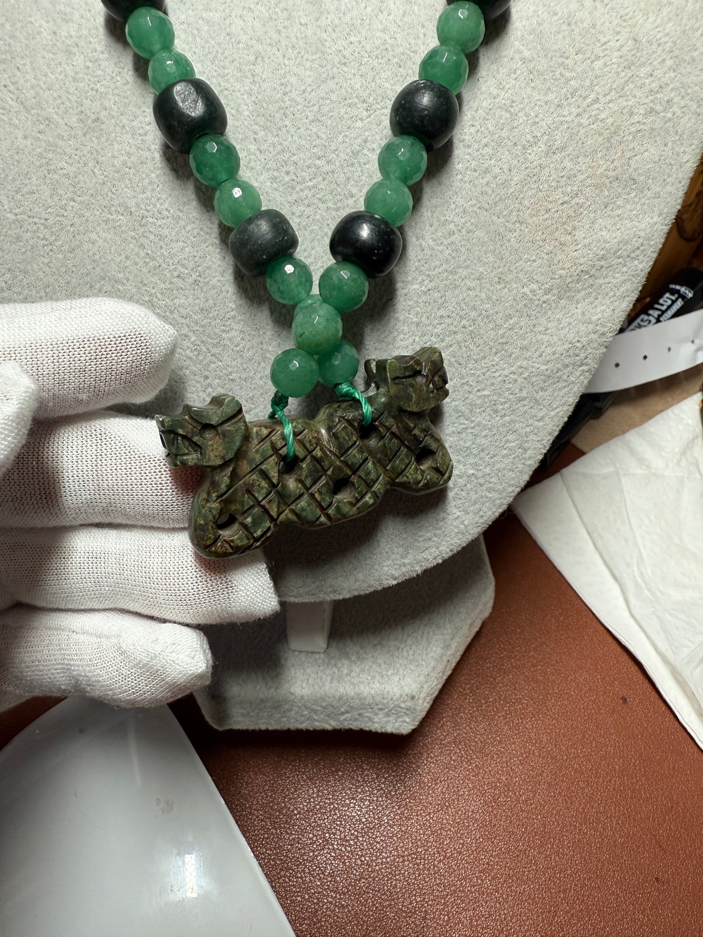 Serpentine Maquitzcoatl Double Headed Serpent Pendant de Chiapas, Guatemala Beads Necklace, Aztec (#37)