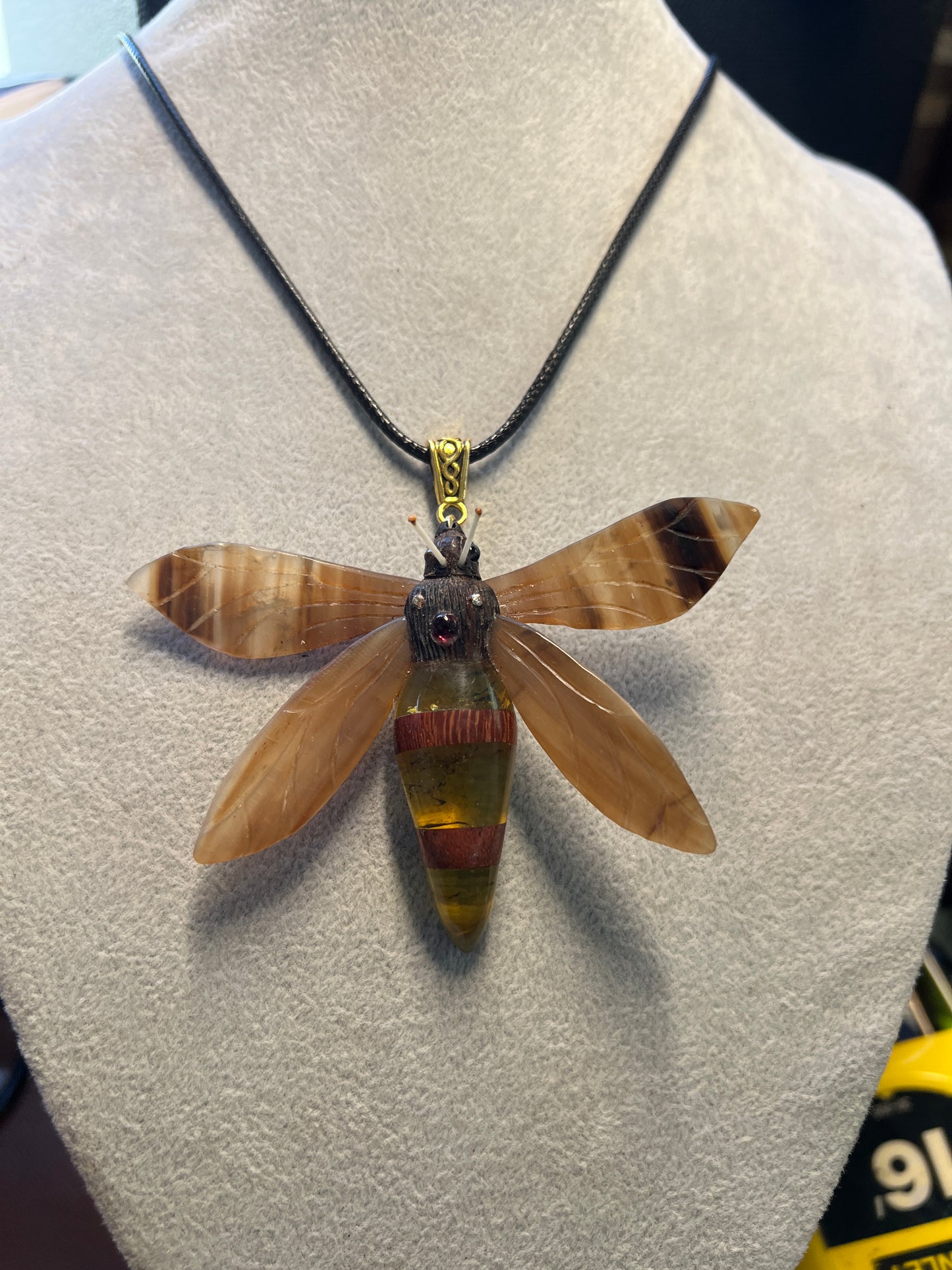 Bee Pendant, Bull Horn, Amber, Ebony, Carved in ironwood, horn amber, Mexico