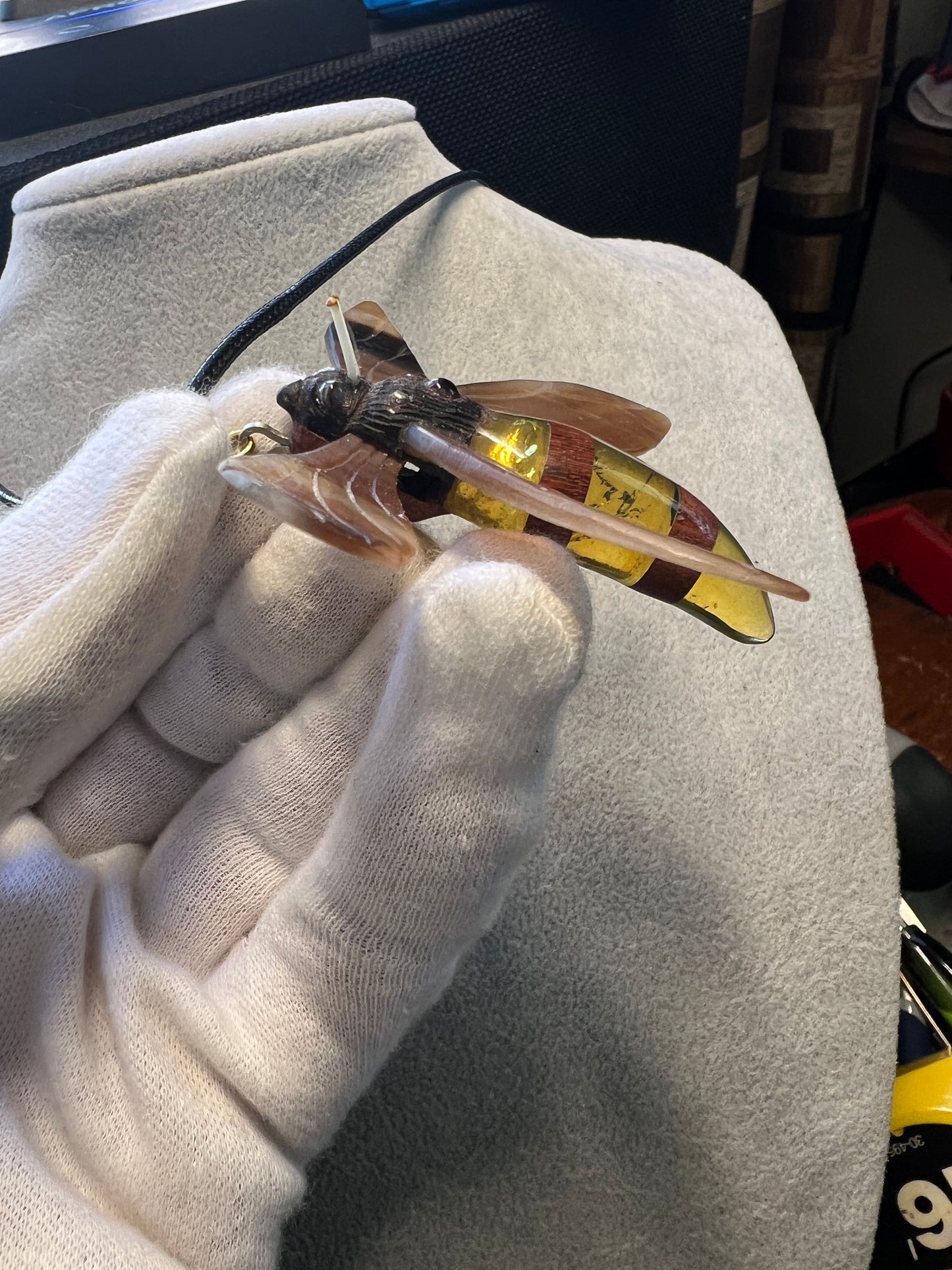 Bee Pendant, Bull Horn, Amber, Ebony, Carved in ironwood, horn amber, Mexico