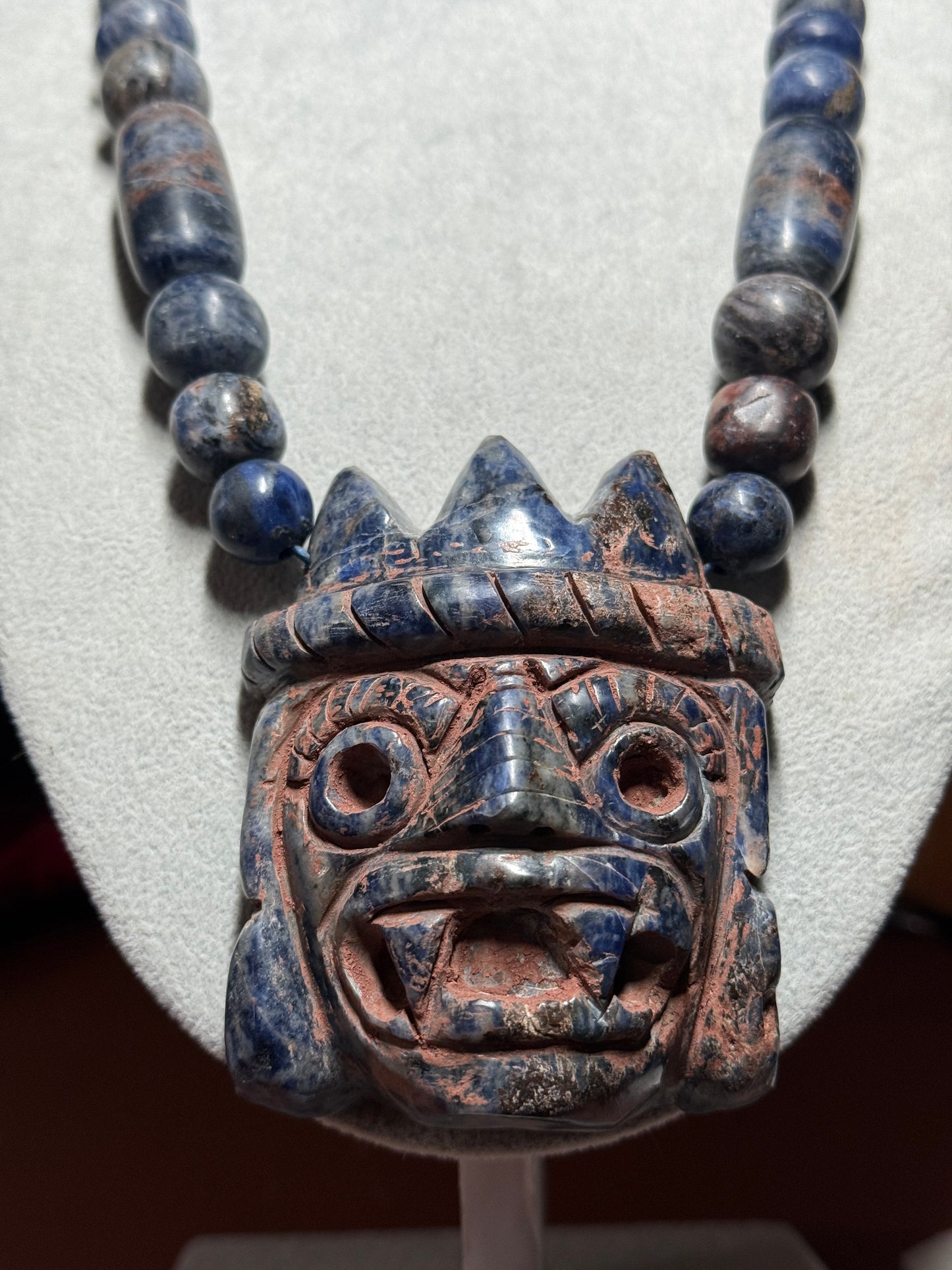 Tlaloc Pendant and Beaded Necklace of Mayan Sodalite Stone from Mexico, Azteca (#40)