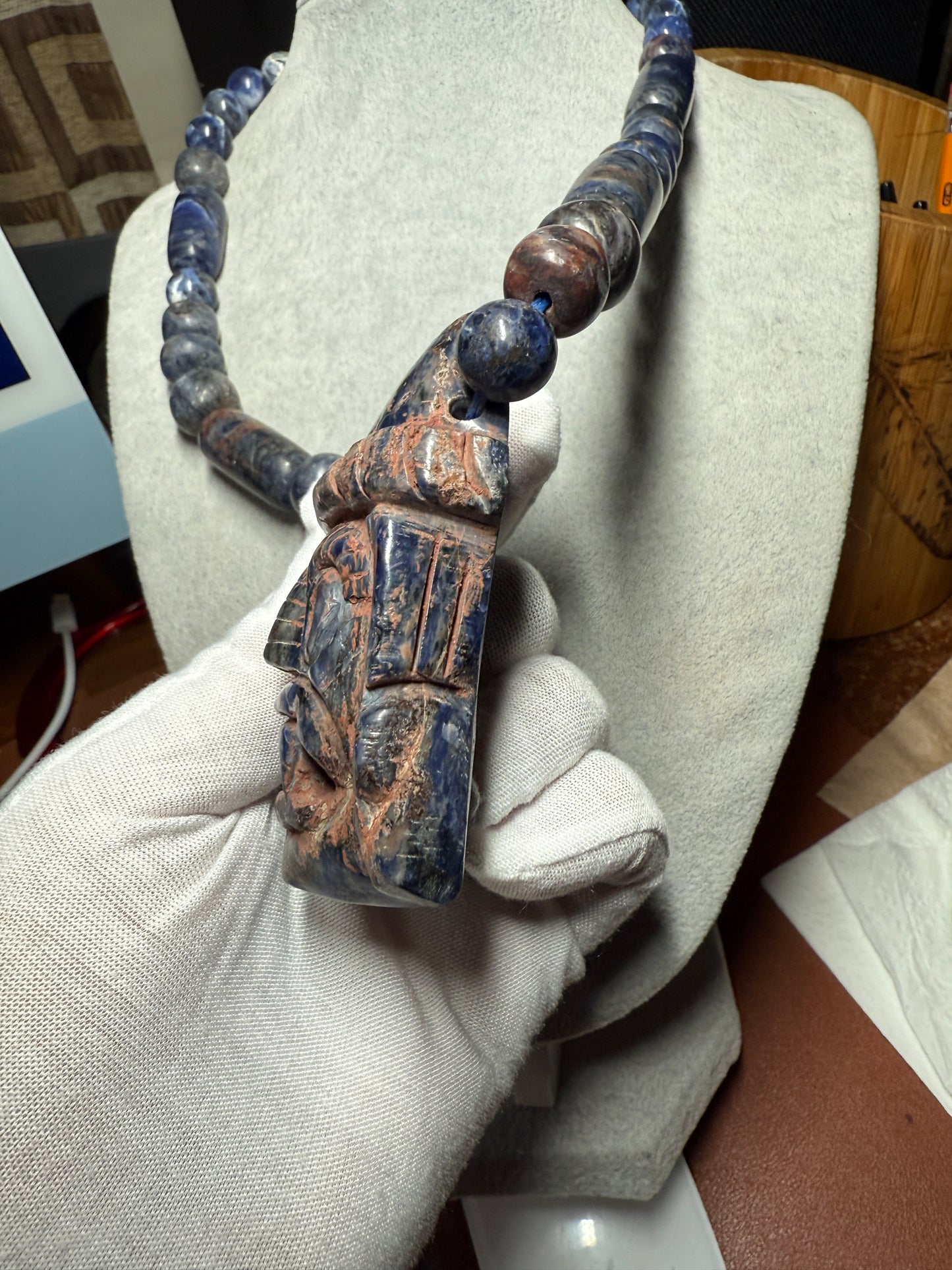 Tlaloc Pendant and Beaded Necklace of Mayan Sodalite Stone from Mexico, Azteca (#40)
