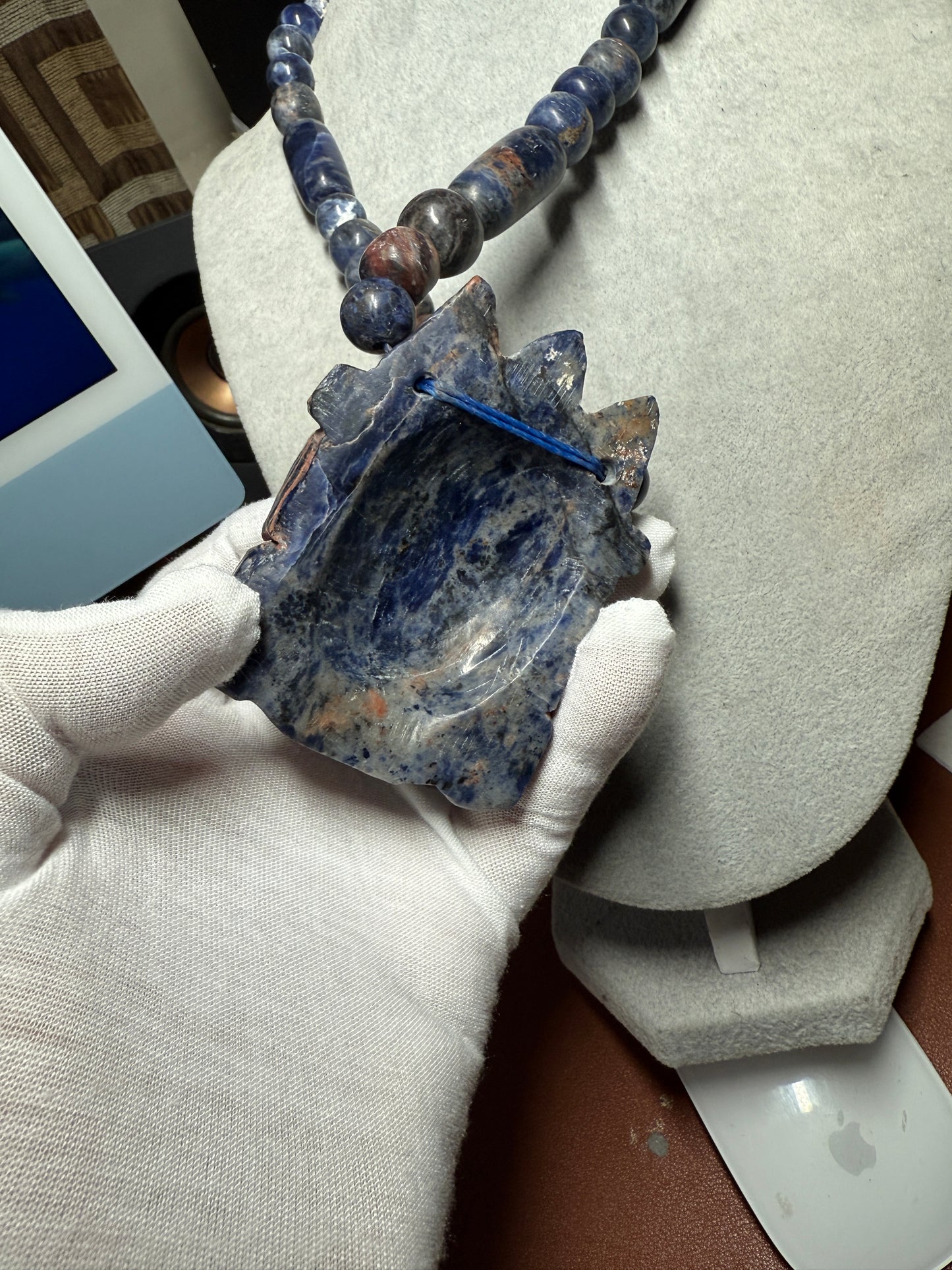 Tlaloc Pendant and Beaded Necklace of Mayan Sodalite Stone from Mexico, Azteca (#40)