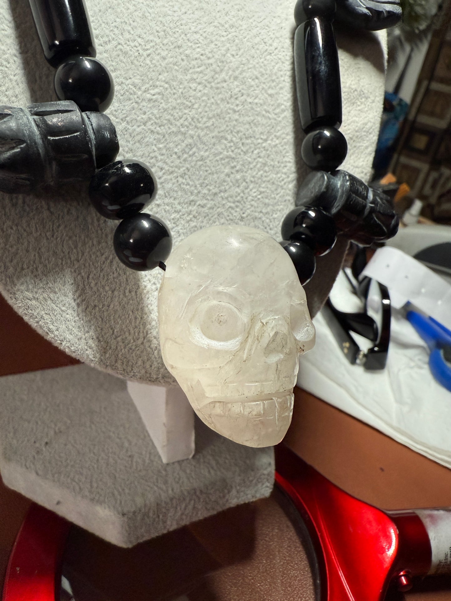Crystal Quartz Skull Mictlantecuhtli Coatlicue Hearts Hands Obsidian Necklace #H