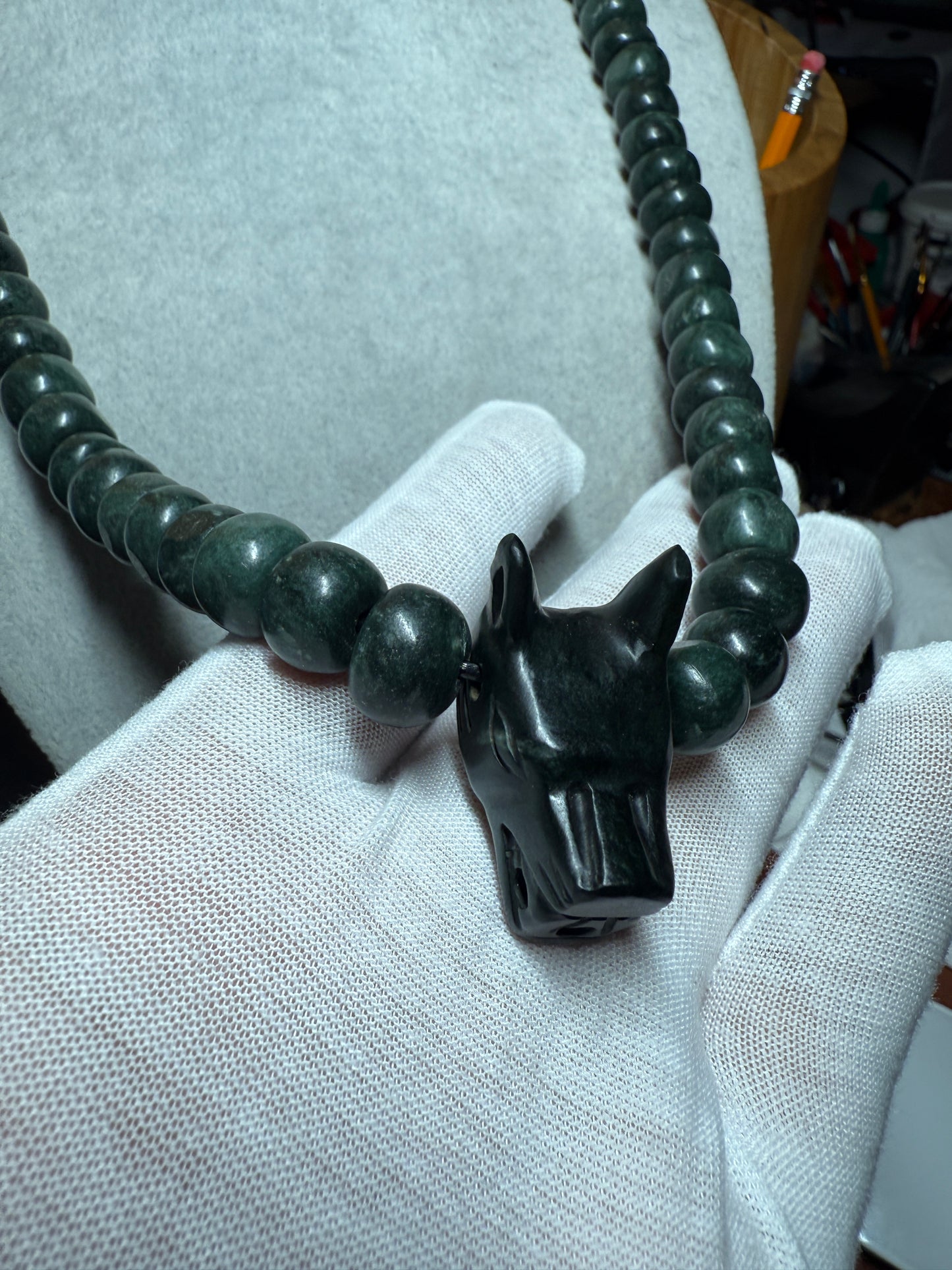 Aztec Dog Xolot Marble Pendant Beaded Necklace, Mexican, Aztec, Mexico #39
