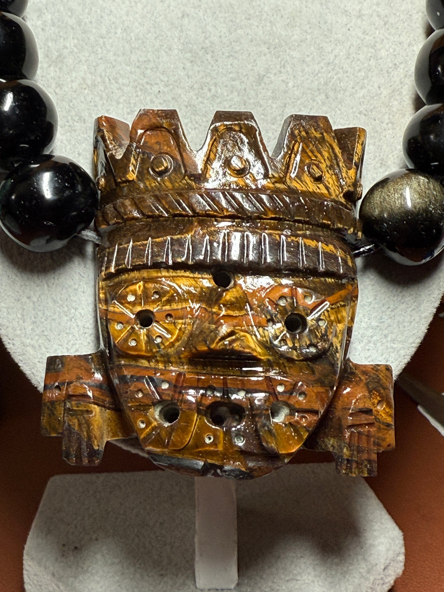 Massive Golden Tlaloc Tiger Eye Stone Pendant 3", Necklace, Black Obsidian #H