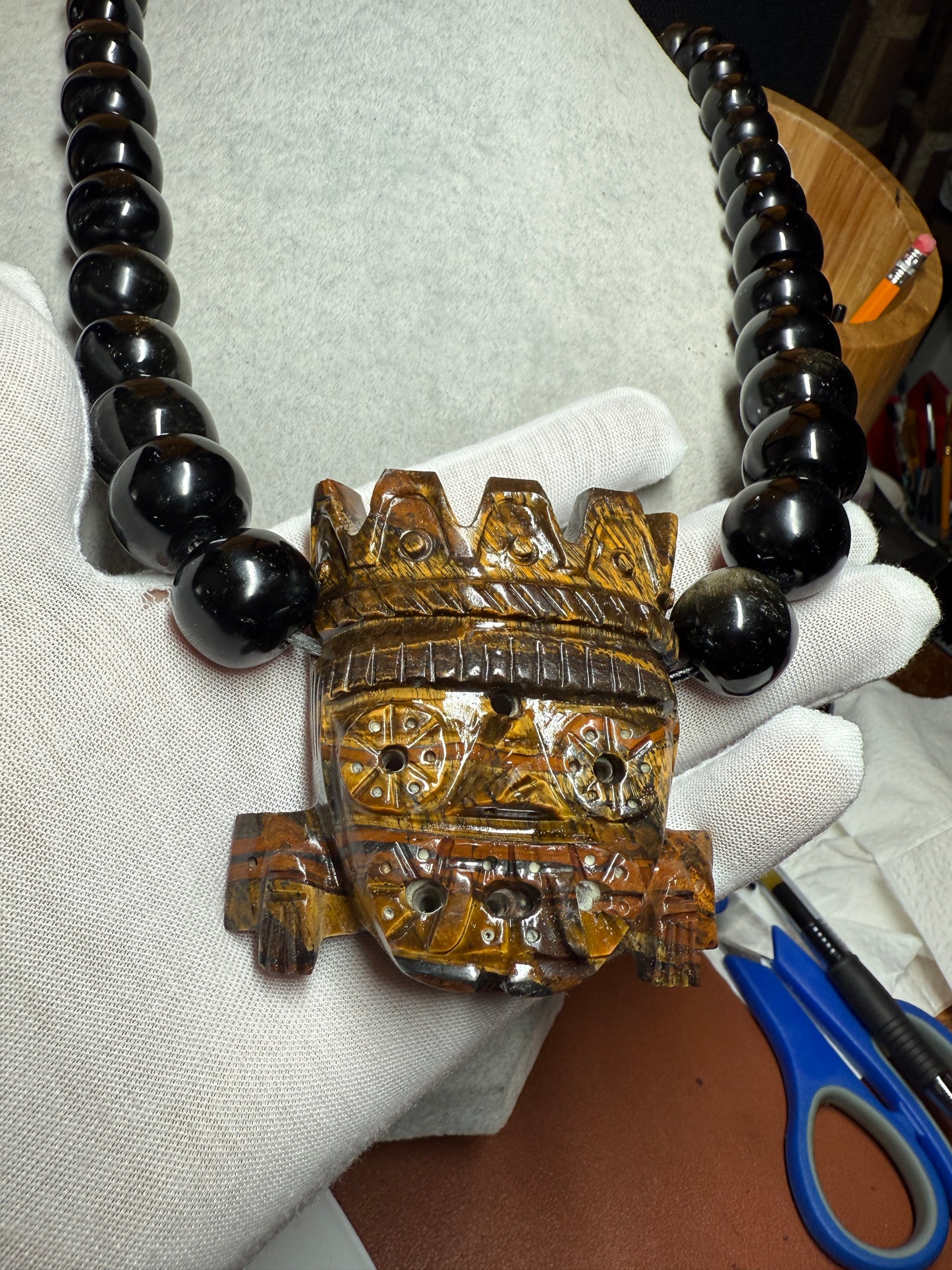 Massive Golden Tlaloc Tiger Eye Stone Pendant 3", Necklace, Black Obsidian #H