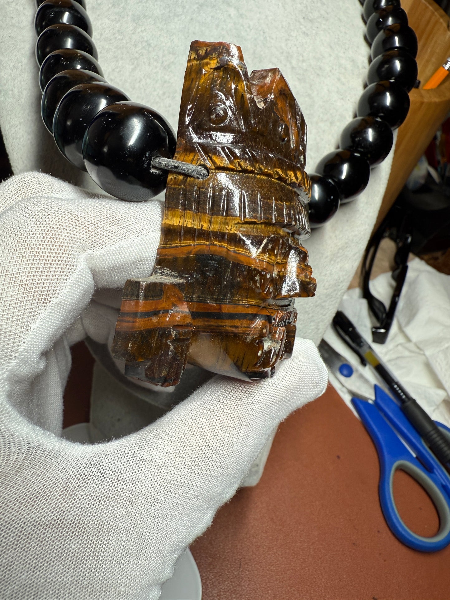 Massive Golden Tlaloc Tiger Eye Stone Pendant 3", Necklace, Black Obsidian #H