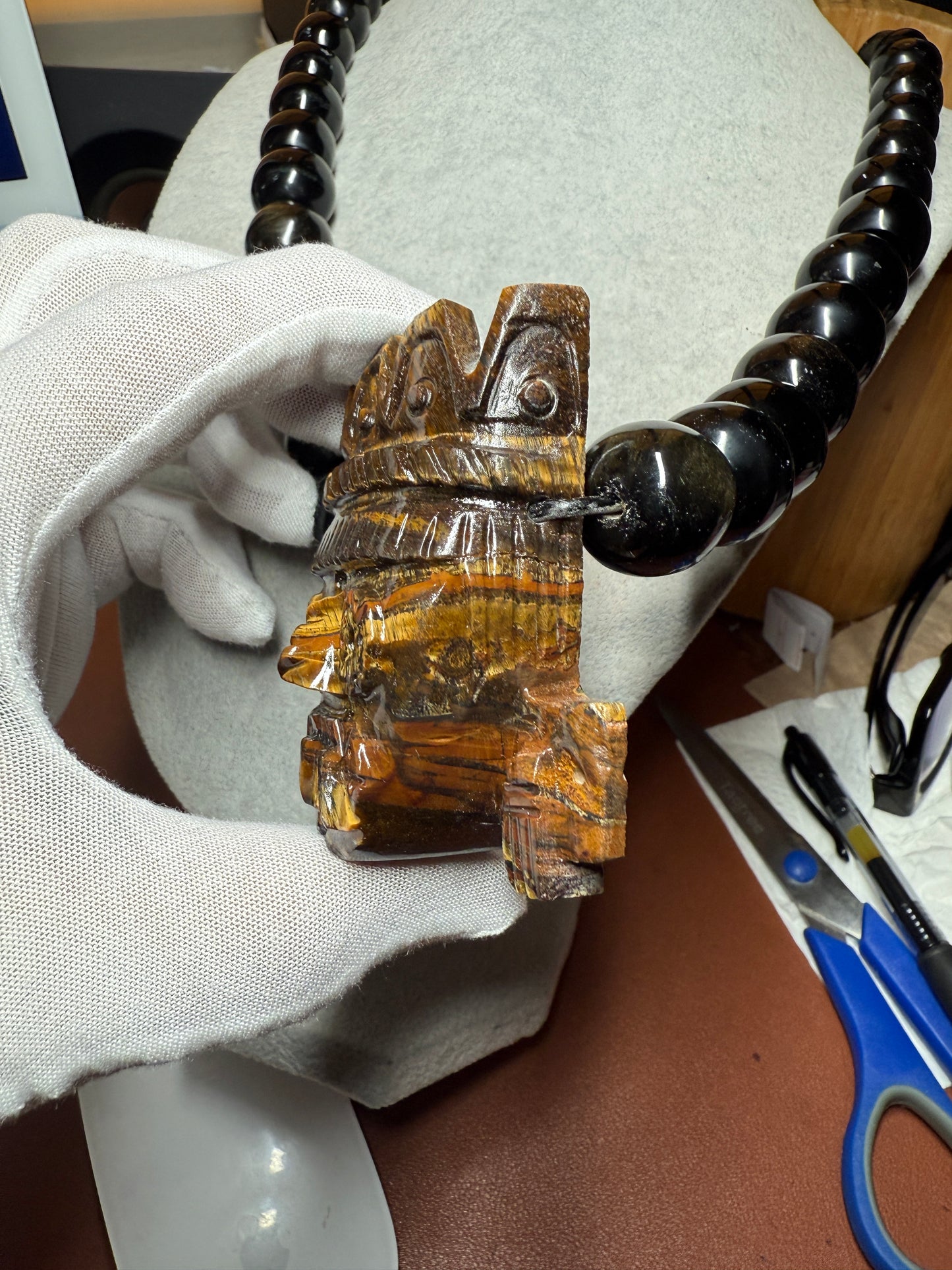 Massive Golden Tlaloc Tiger Eye Stone Pendant 3", Necklace, Black Obsidian #H