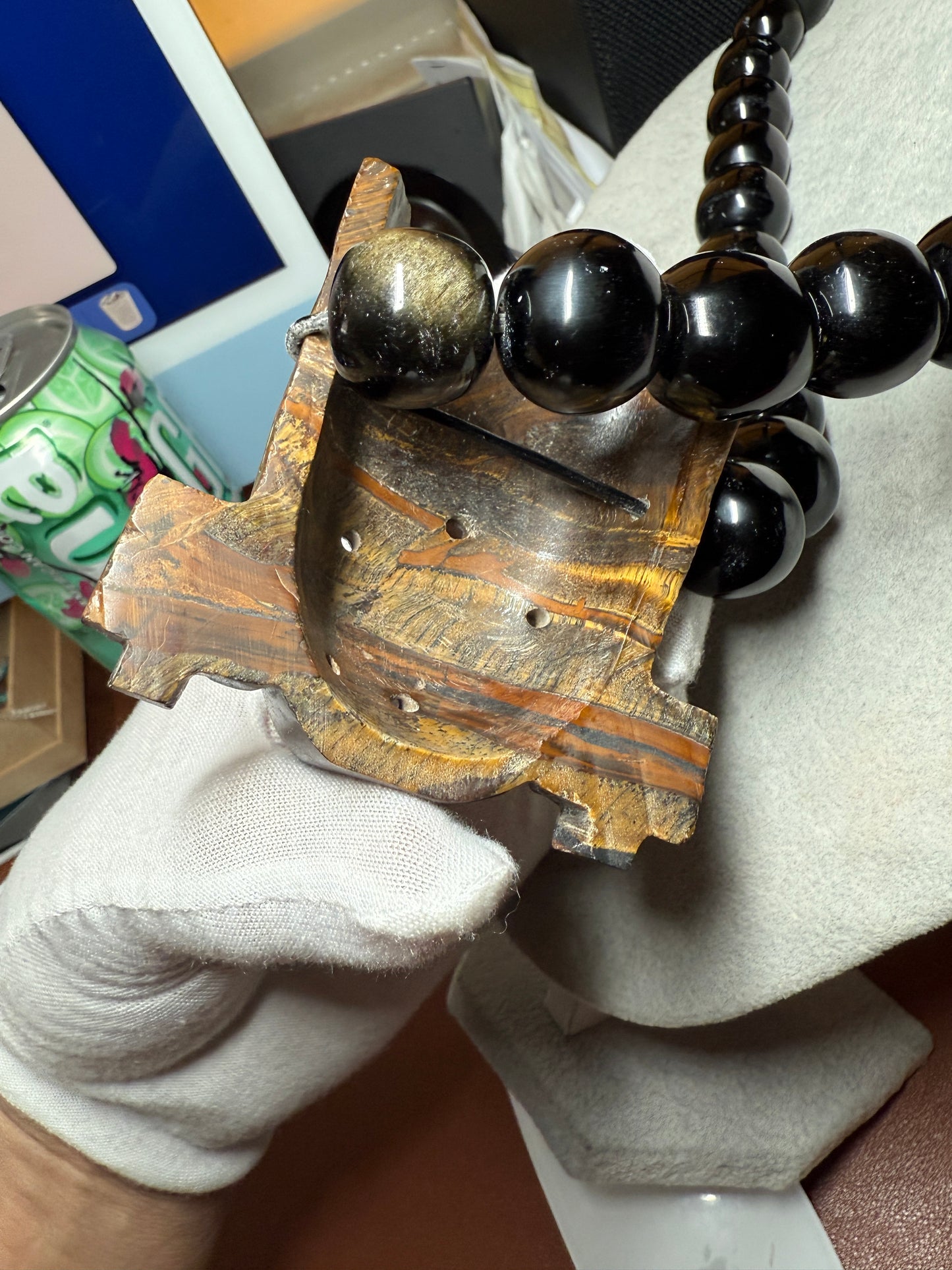Massive Golden Tlaloc Tiger Eye Stone Pendant 3", Necklace, Black Obsidian #H