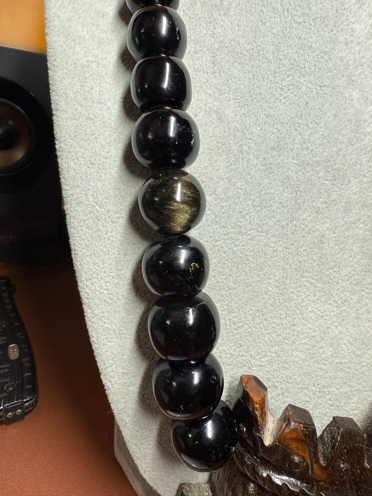 Massive Golden Tlaloc Tiger Eye Stone Pendant 3", Necklace, Black Obsidian #H