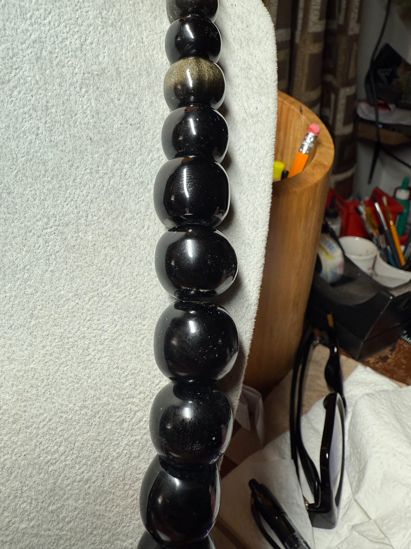 Massive Golden Tlaloc Tiger Eye Stone Pendant 3", Necklace, Black Obsidian #H