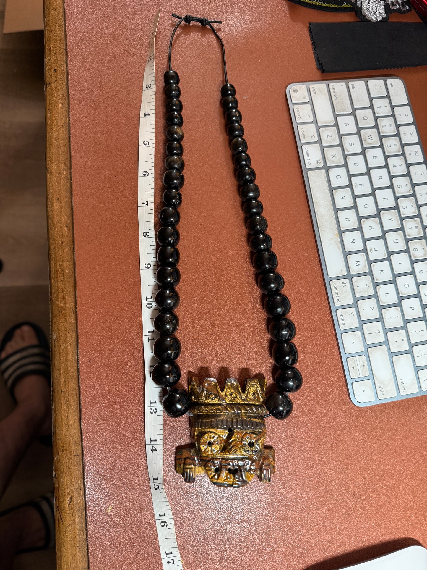 Massive Golden Tlaloc Tiger Eye Stone Pendant 3", Necklace, Black Obsidian #H