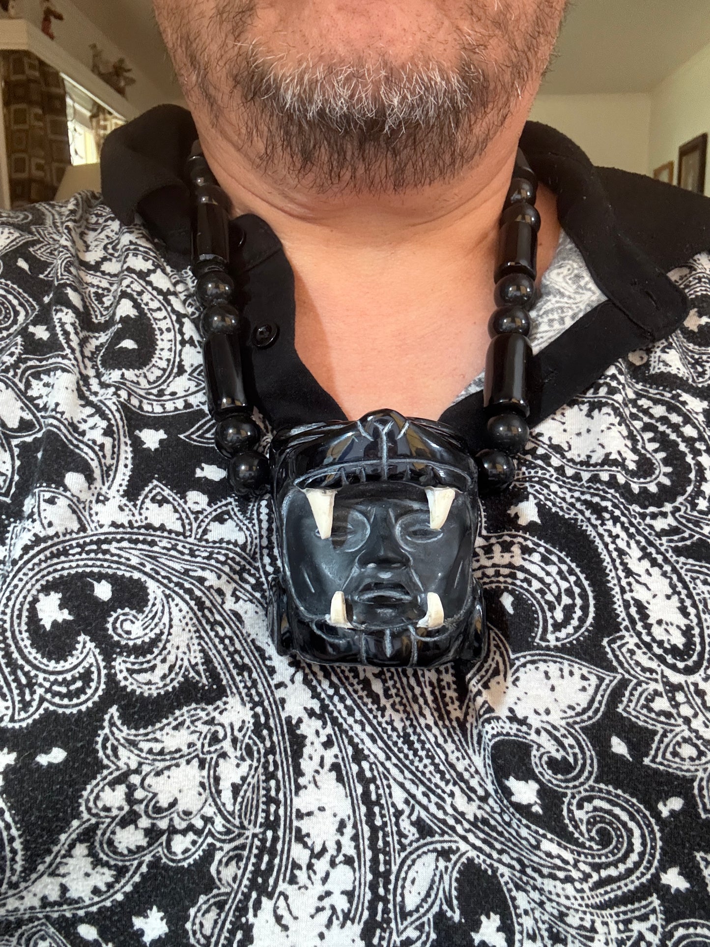 Massive Aztec Mayan Jaguar Warrior, Black Obsidian Beaded Necklace Mexico (#H)