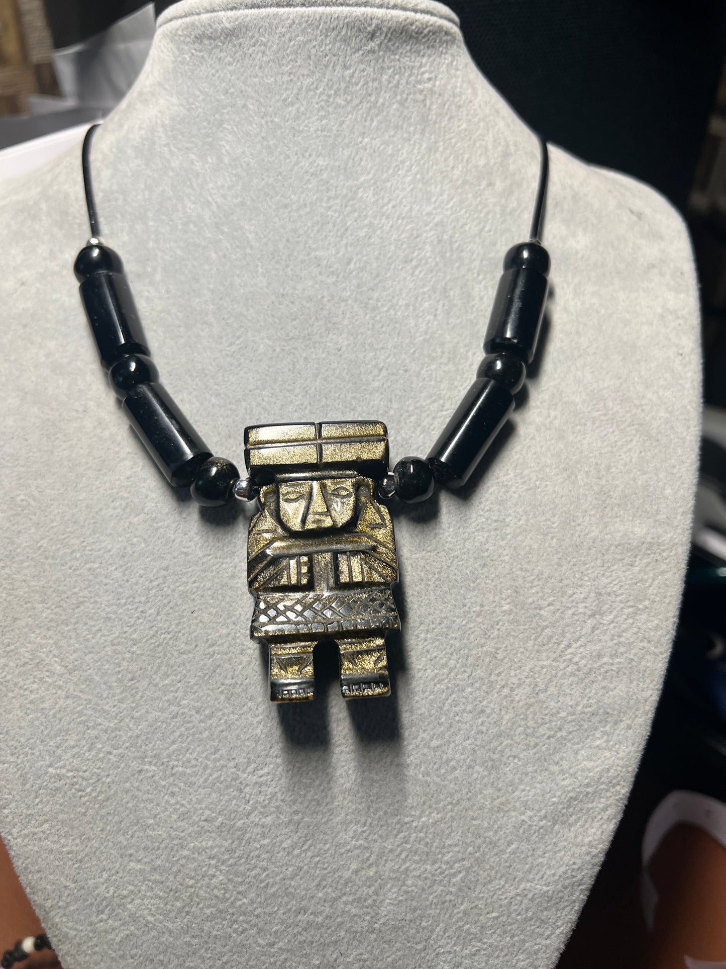 Chalchiuhtlicue Gold Sheen Obsidian Pendant Beaded necklace handmade Mexico /#35