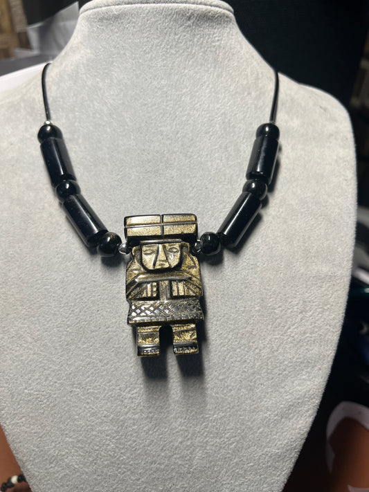 Chalchiuhtlicue Gold Sheen Obsidian Pendant Beaded necklace handmade Mexico /#35