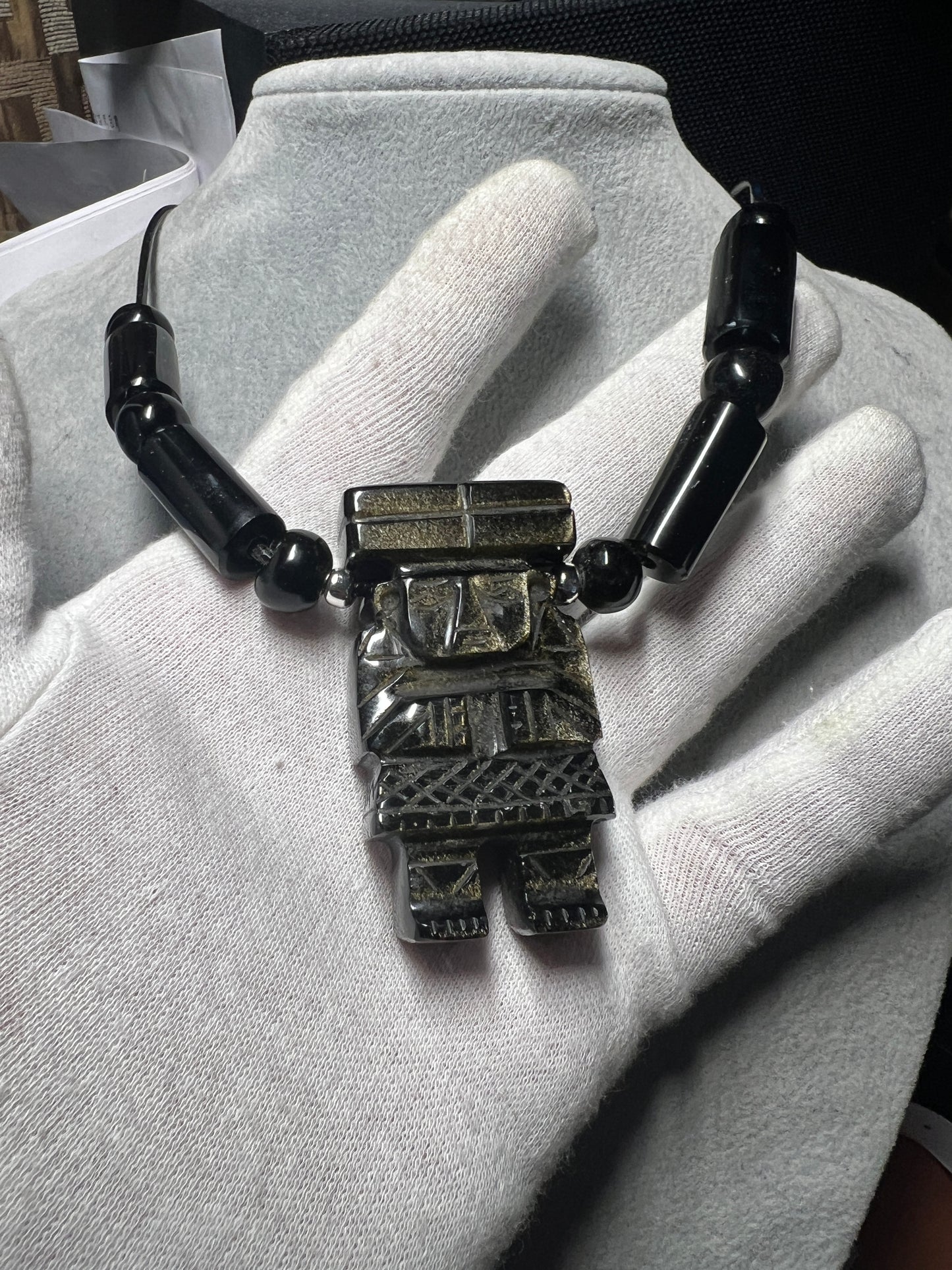 Chalchiuhtlicue Gold Sheen Obsidian Pendant Beaded necklace handmade Mexico /#35