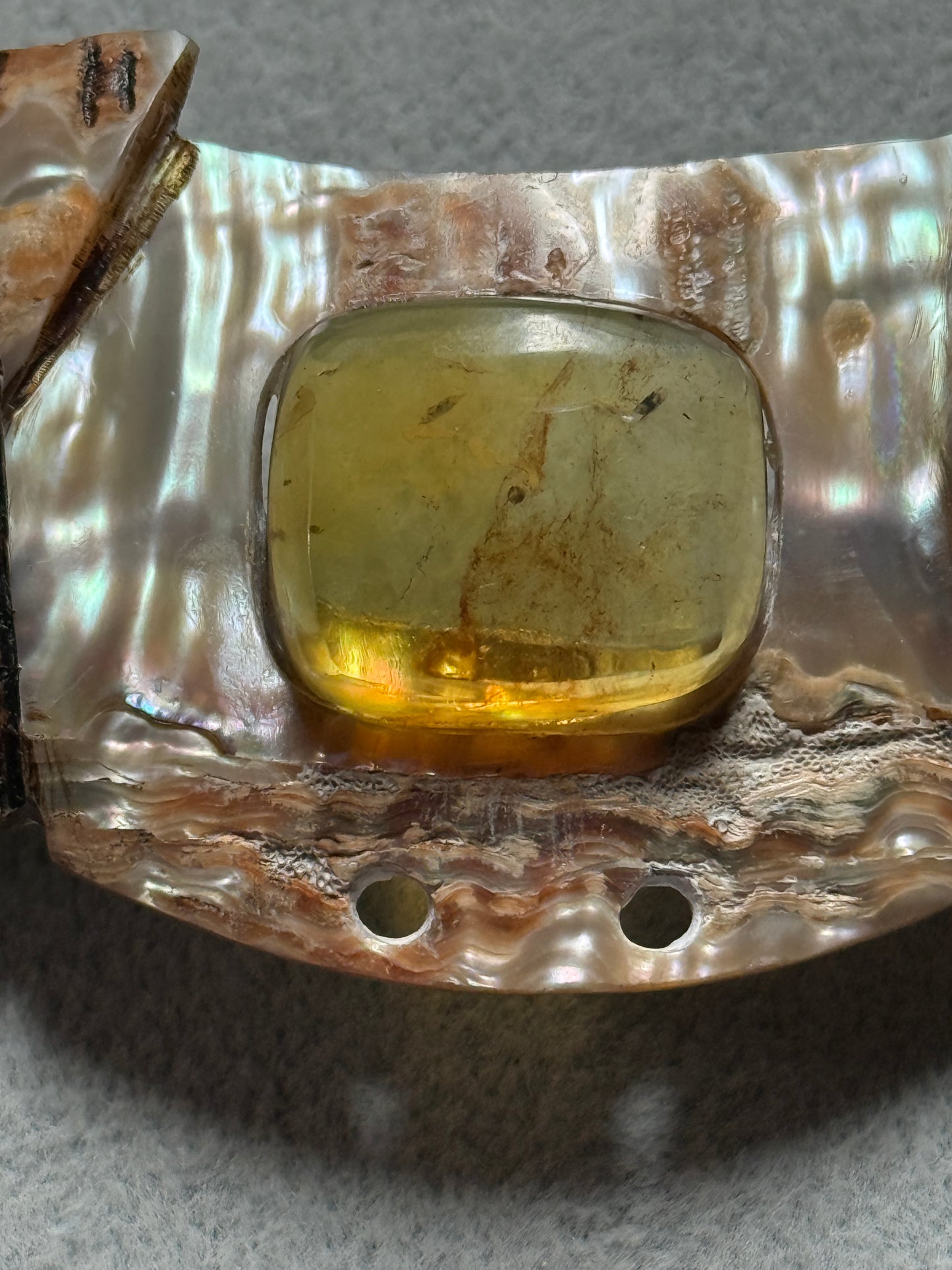 Aztec Tlaloc Mictlantecuhtli Skull Abalone Amber Aztec Pendant, Mexican (#H)