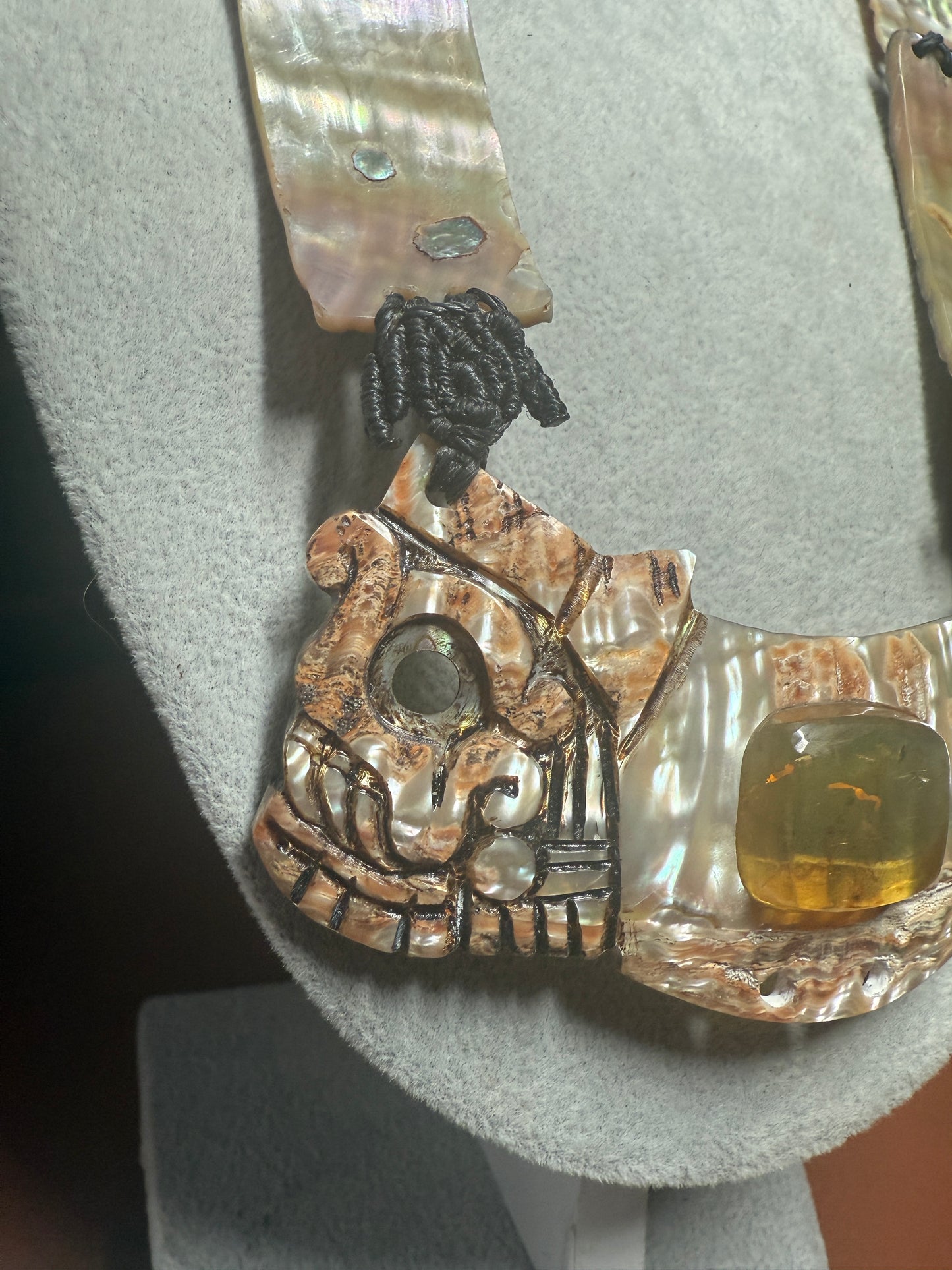 Aztec Tlaloc Mictlantecuhtli Skull Abalone Amber Aztec Pendant, Mexican (#H)