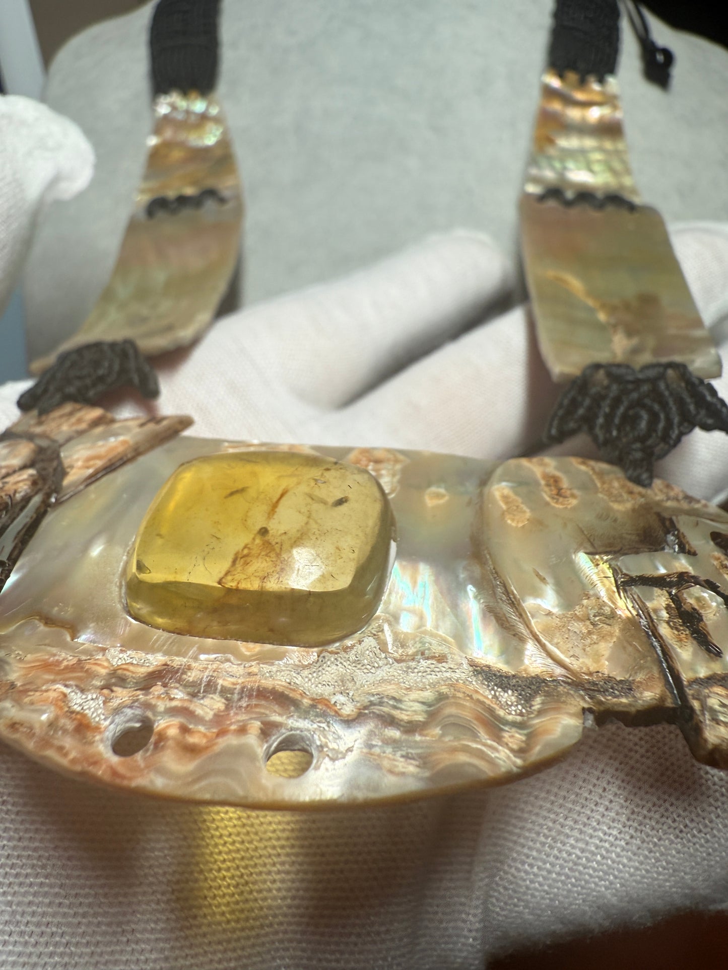 Aztec Tlaloc Mictlantecuhtli Skull Abalone Amber Aztec Pendant, Mexican (#H)