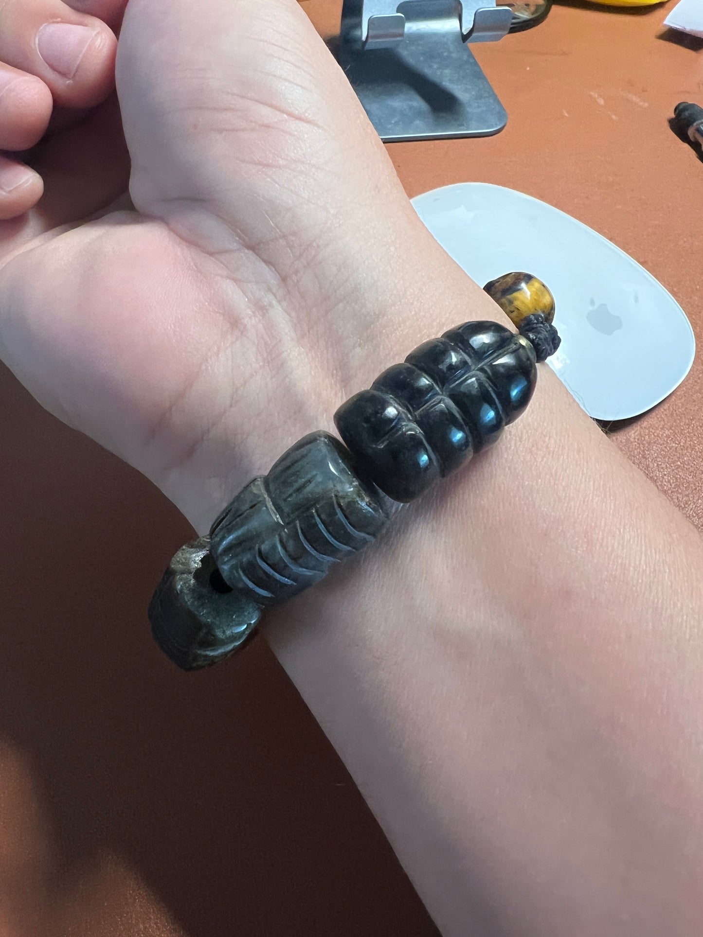 Jade Kukulkan Quetzalcoatl Marble Natural Stone Bracelet, Wrist 7" - 7.5" (#35)