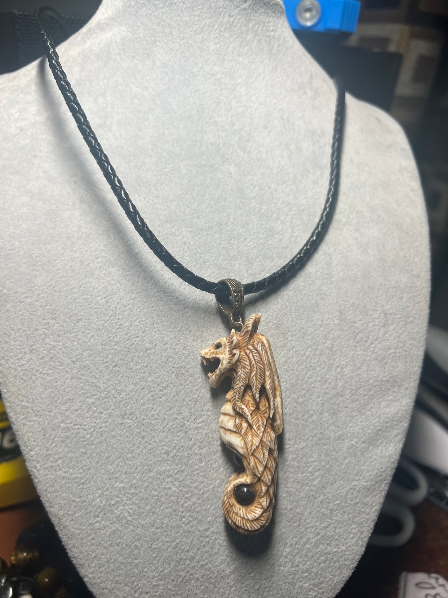 Quetzalcoatl Kukulkan Mexican Dragon, Sea Horse, Deer Antler, Natural Stones Mex