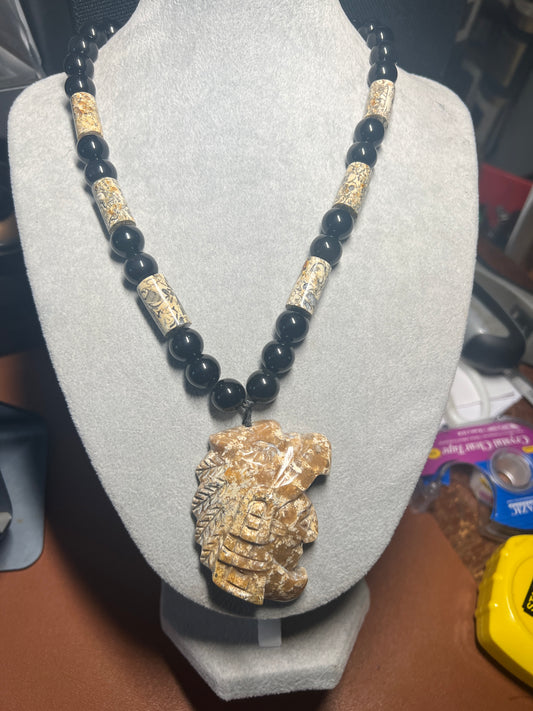 Aztec Eagle Warrior Fossil Stone Pendant Necklace Rainbow Obsidian Beads MX (35)