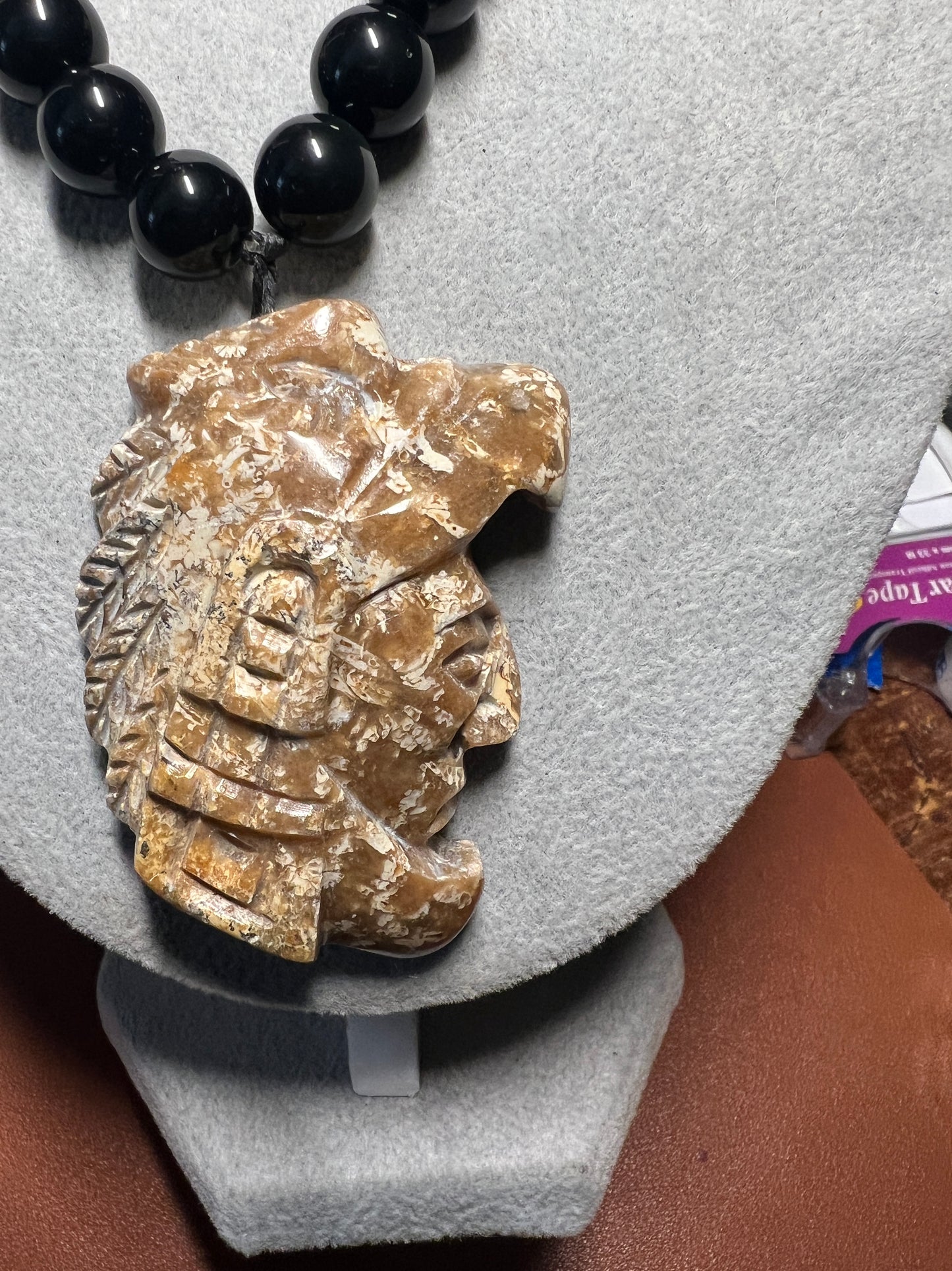 Aztec Eagle Warrior Fossil Stone Pendant Necklace Rainbow Obsidian Beads MX (35)