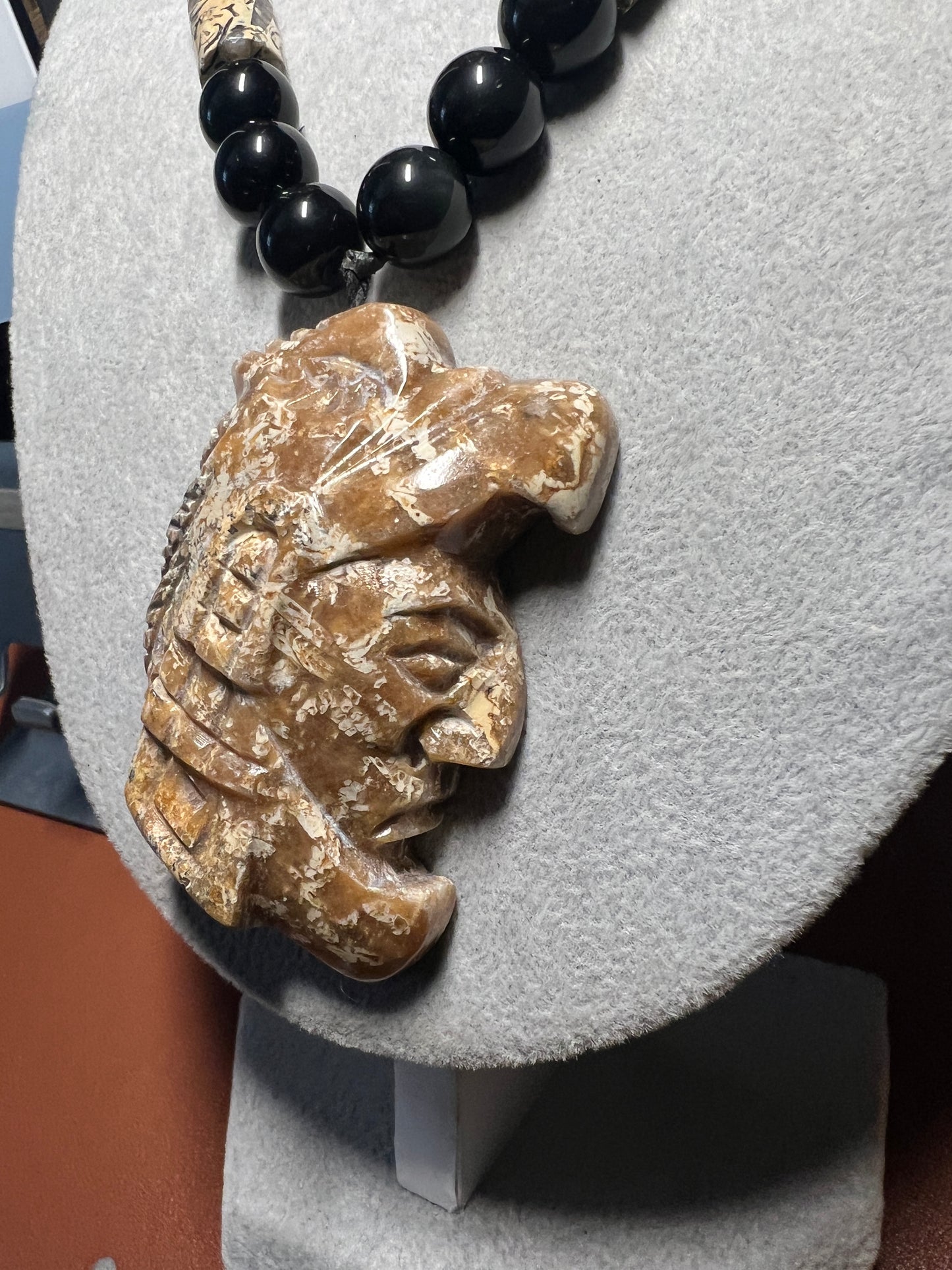 Aztec Eagle Warrior Fossil Stone Pendant Necklace Rainbow Obsidian Beads MX (35)