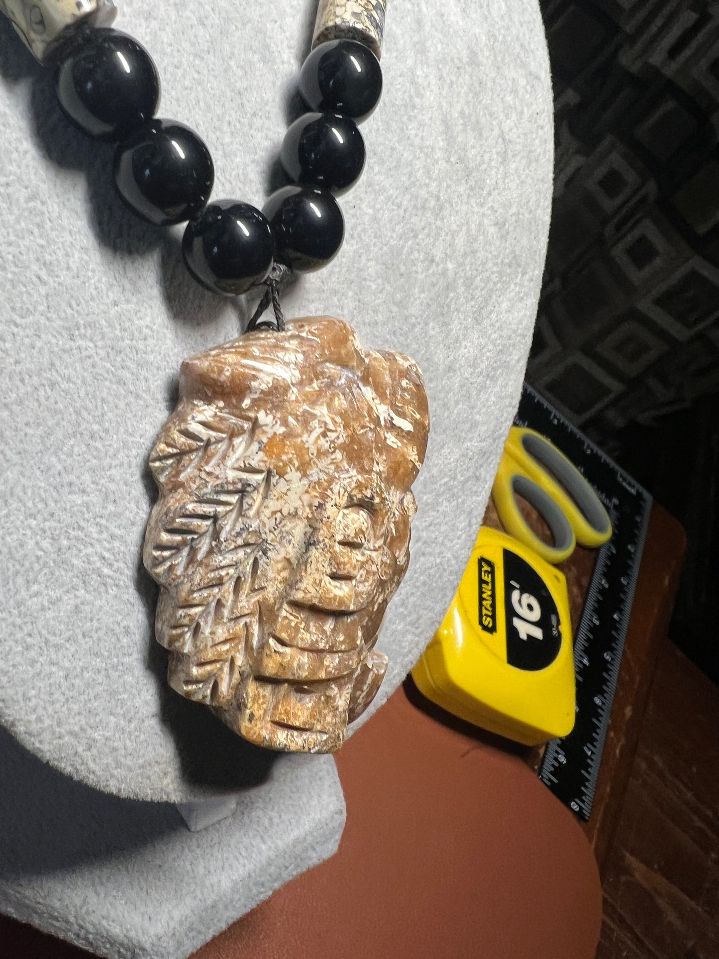 Aztec Eagle Warrior Fossil Stone Pendant Necklace Rainbow Obsidian Beads MX (35)
