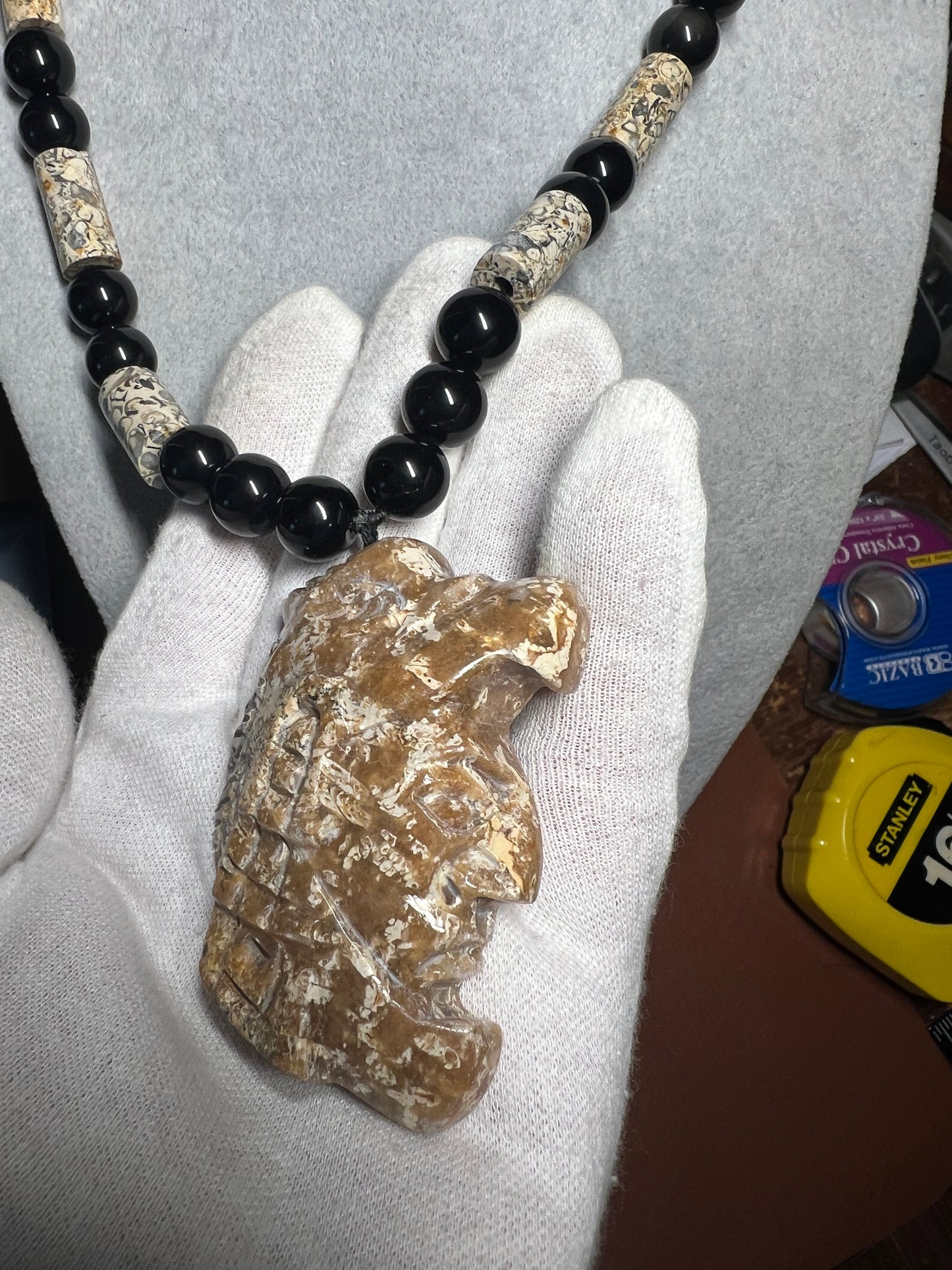 Aztec Eagle Warrior Fossil Stone Pendant Necklace Rainbow Obsidian Beads MX (35)