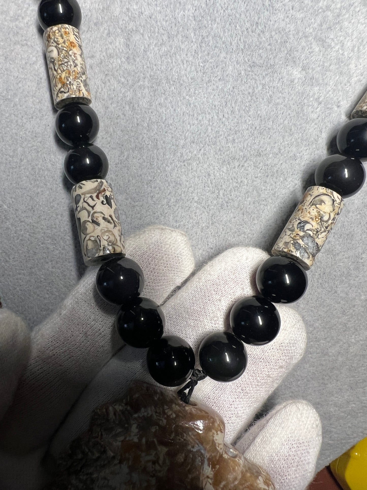Aztec Eagle Warrior Fossil Stone Pendant Necklace Rainbow Obsidian Beads MX (35)