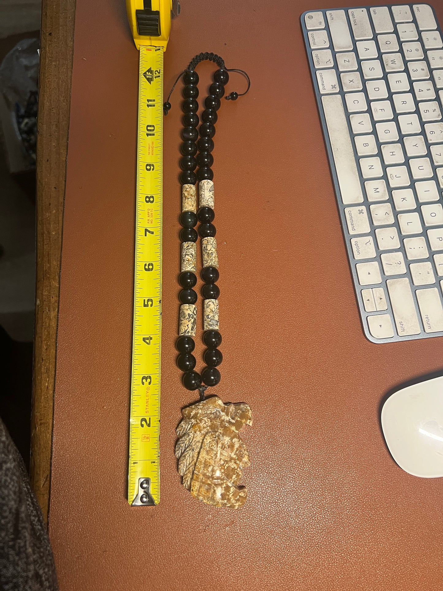 Aztec Eagle Warrior Fossil Stone Pendant Necklace Rainbow Obsidian Beads MX (35)