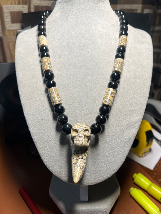 Black Rainbow obsidian and fossil stone tube necklace with a Mictlantecuhtli skull claw carving pendant #37