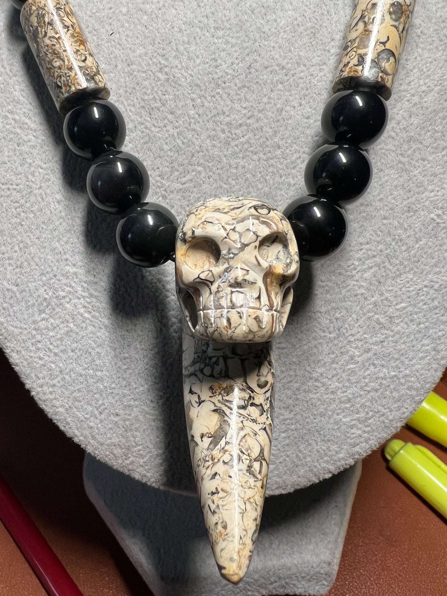 Black Rainbow obsidian and fossil stone tube necklace with a Mictlantecuhtli skull claw carving pendant #37