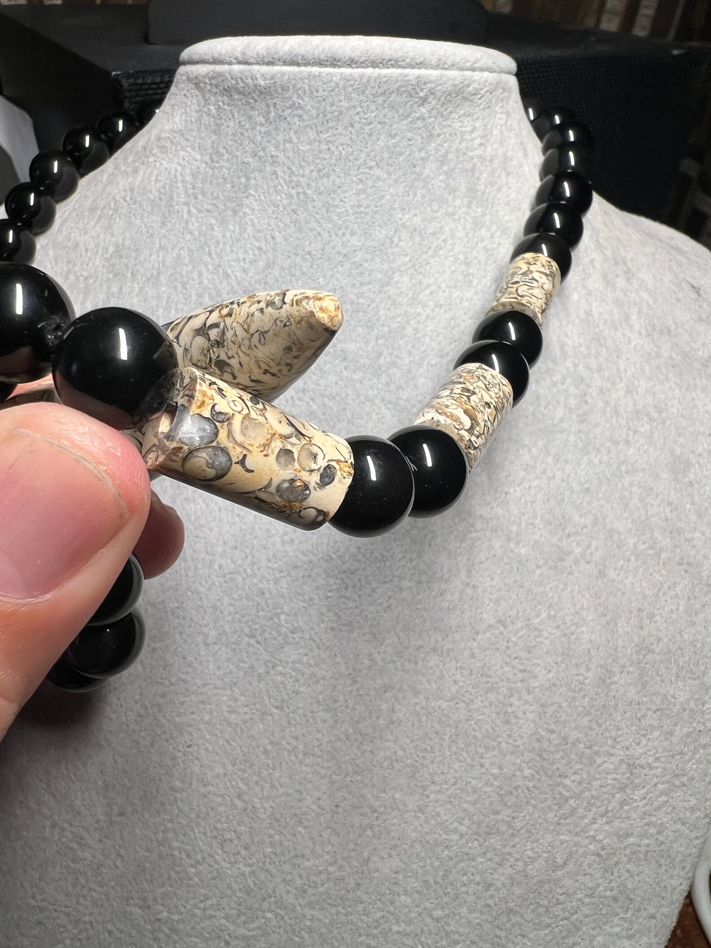 Black Rainbow obsidian and fossil stone tube necklace with a Mictlantecuhtli skull claw carving pendant #37
