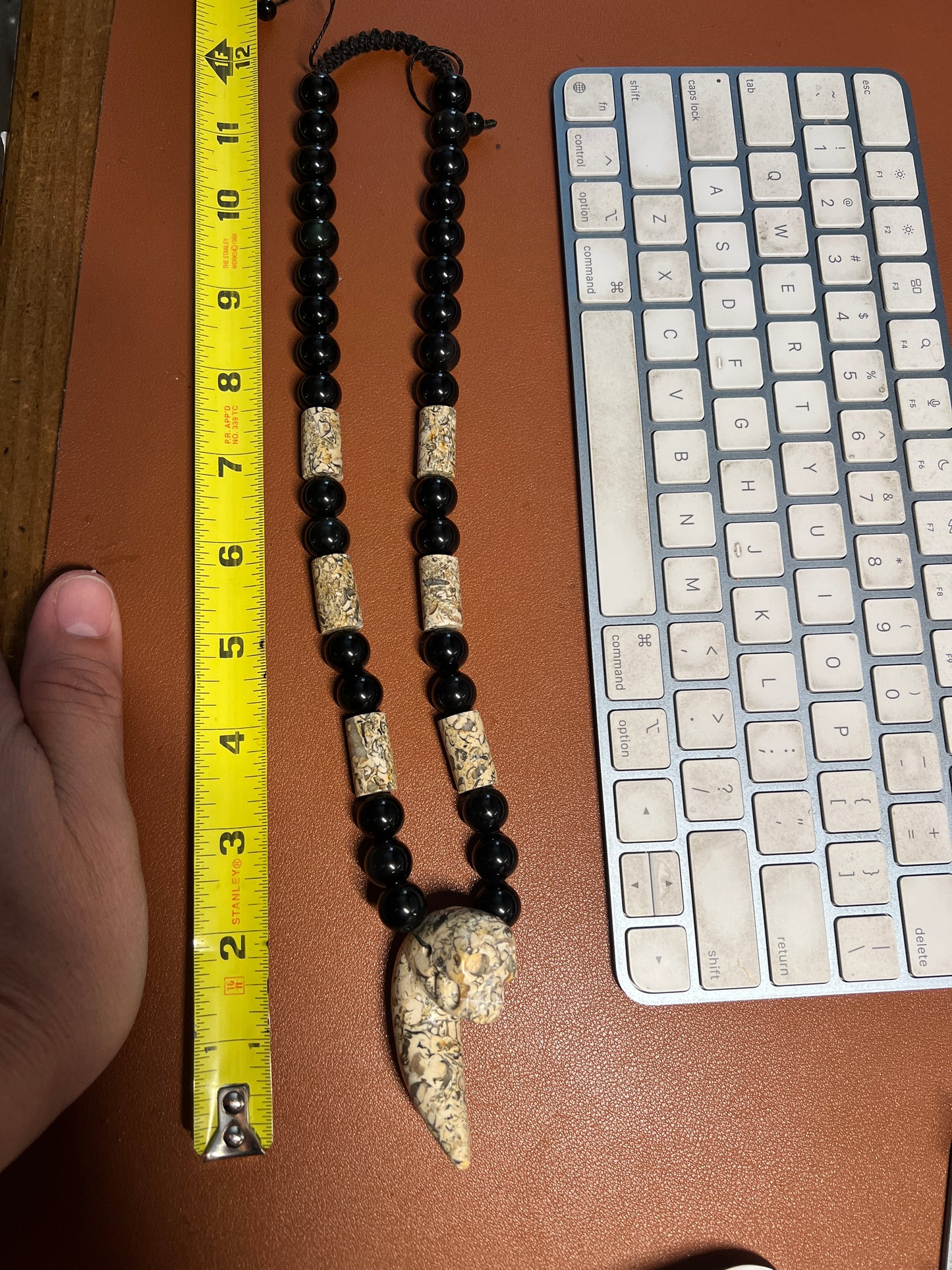 Black Rainbow obsidian and fossil stone tube necklace with a Mictlantecuhtli skull claw carving pendant #37