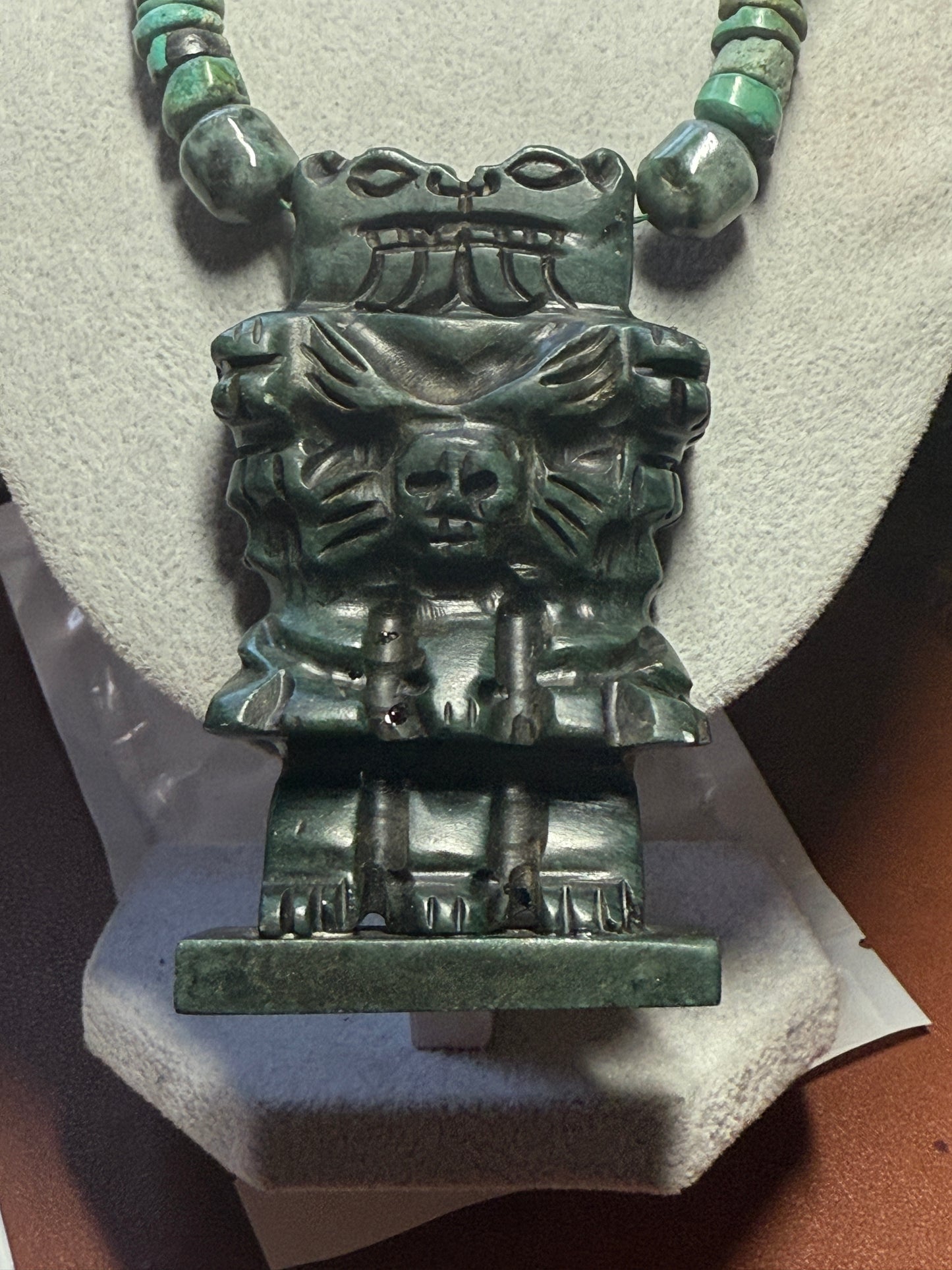 Serpentin Aztec Coatlicue Necklace, Jade and Turquoise Heishi Beads Mexico #H