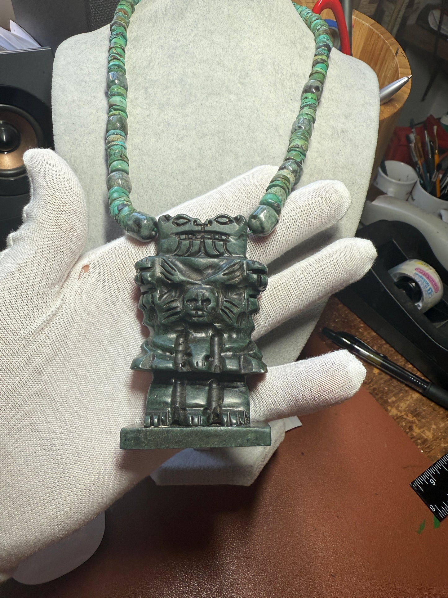 Serpentin Aztec Coatlicue Necklace, Jade and Turquoise Heishi Beads Mexico #H
