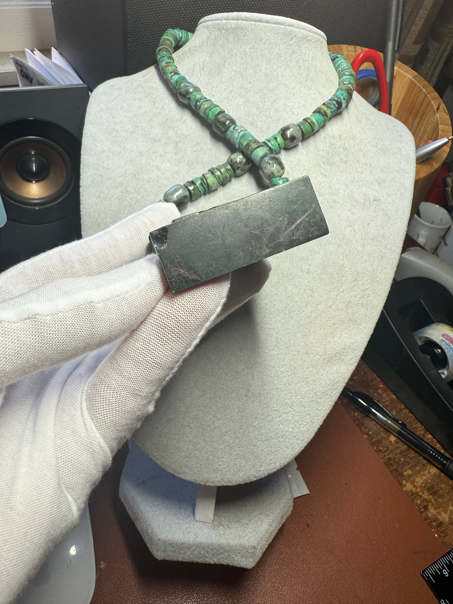 Serpentin Aztec Coatlicue Necklace, Jade and Turquoise Heishi Beads Mexico #H