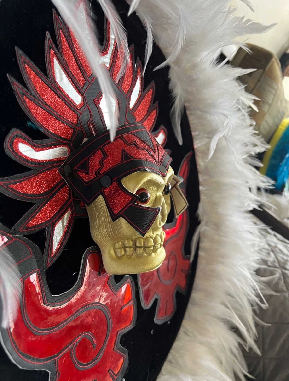 Danzante Azteca Mictlantecuhtli Shield, Chimalli, Black Red, Aztec Dance Shield, Aztec Skull, Mexica, Pow Wow, Indigenous Feathers, 17" (Copy)