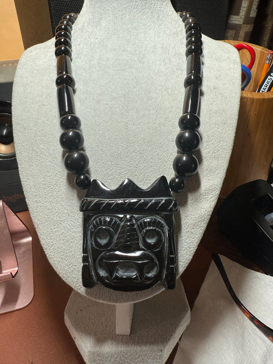 Mexican Obsidian Tlaloc Pendant and Obsidian Beaded Necklace Aztec Mexica #41
