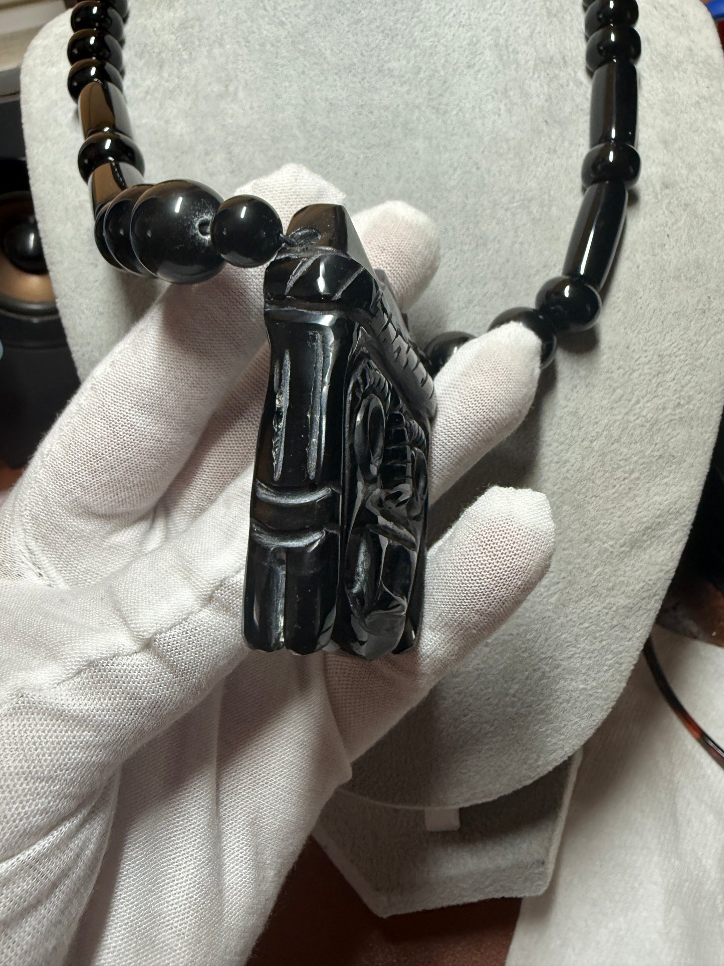 Mexican Obsidian Tlaloc Pendant and Obsidian Beaded Necklace Aztec Mexica #41