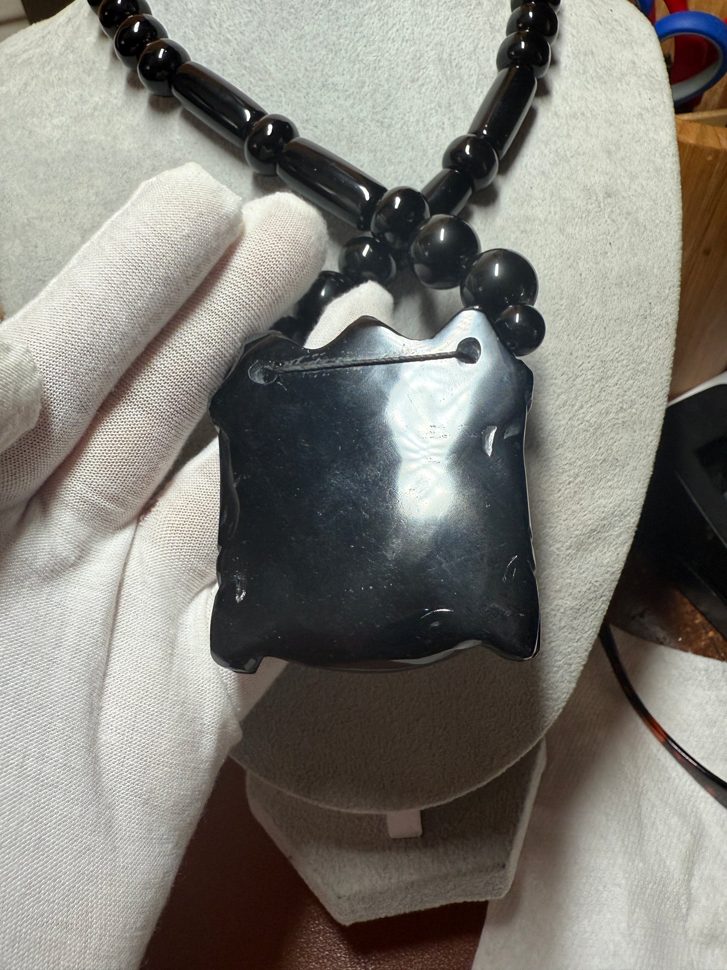 Mexican Obsidian Tlaloc Pendant and Obsidian Beaded Necklace Aztec Mexica #41