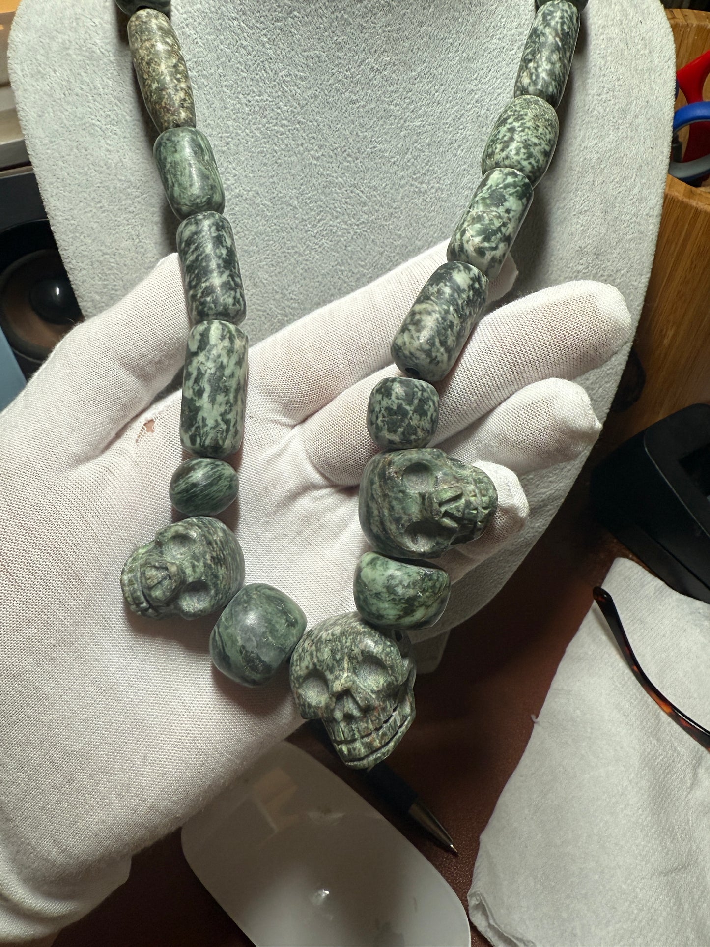 Mictlantecuhtli Granite Aztec 3 Skulls Necklace, Mexican, Mexico, Native #40