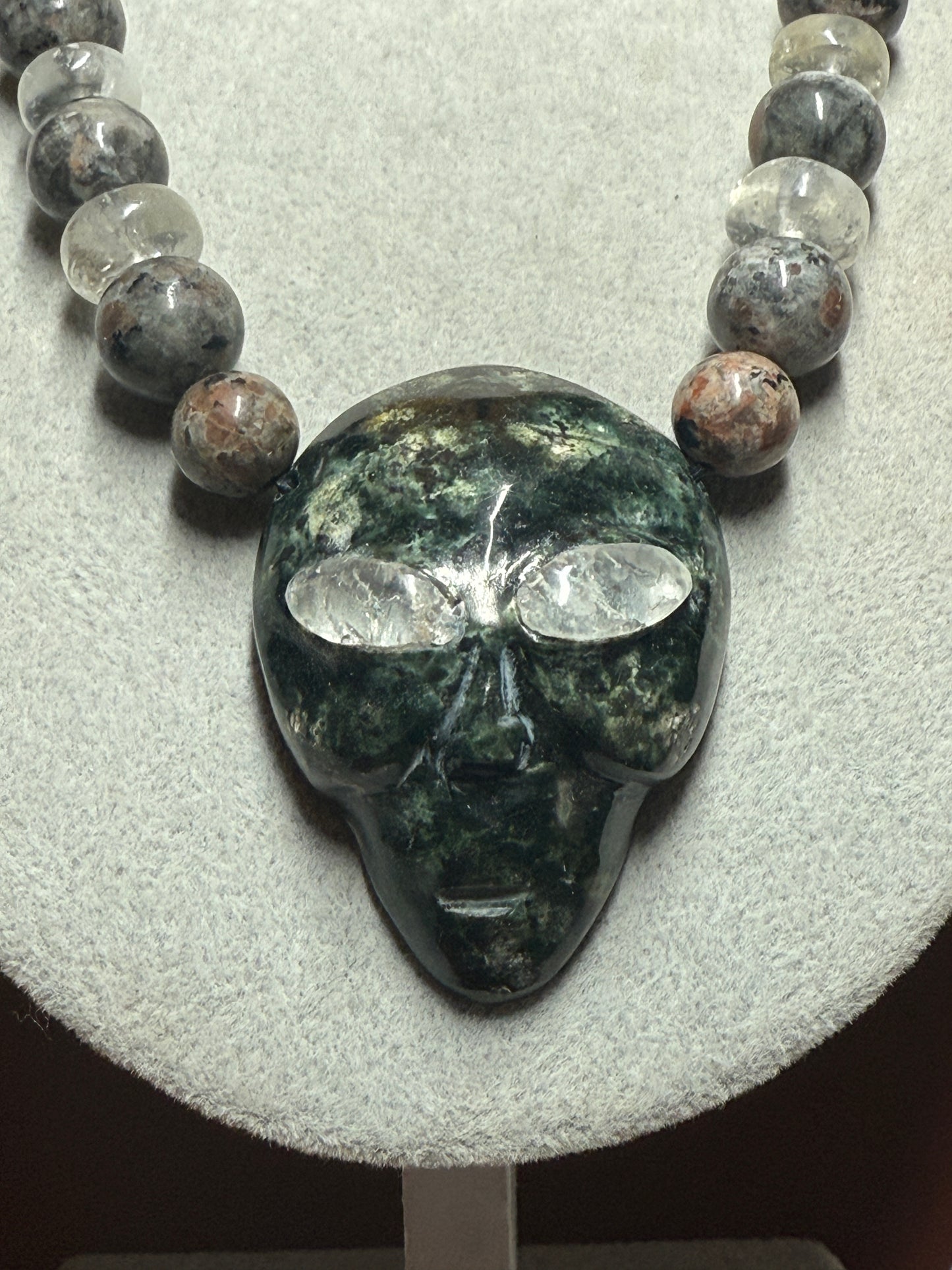 Serpentine Alien Head, Yooperlite Beads, Hyalite Eyes, UFO, Roswell, Mexico #H